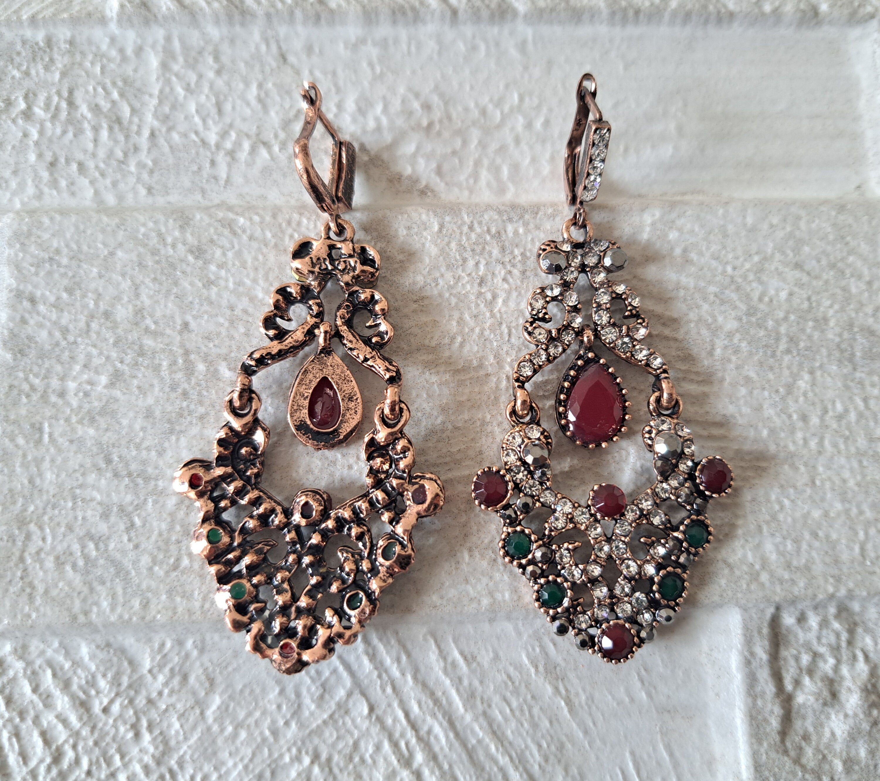 Gold Red Swarovski Crystal Dangle Chandelier Earrings