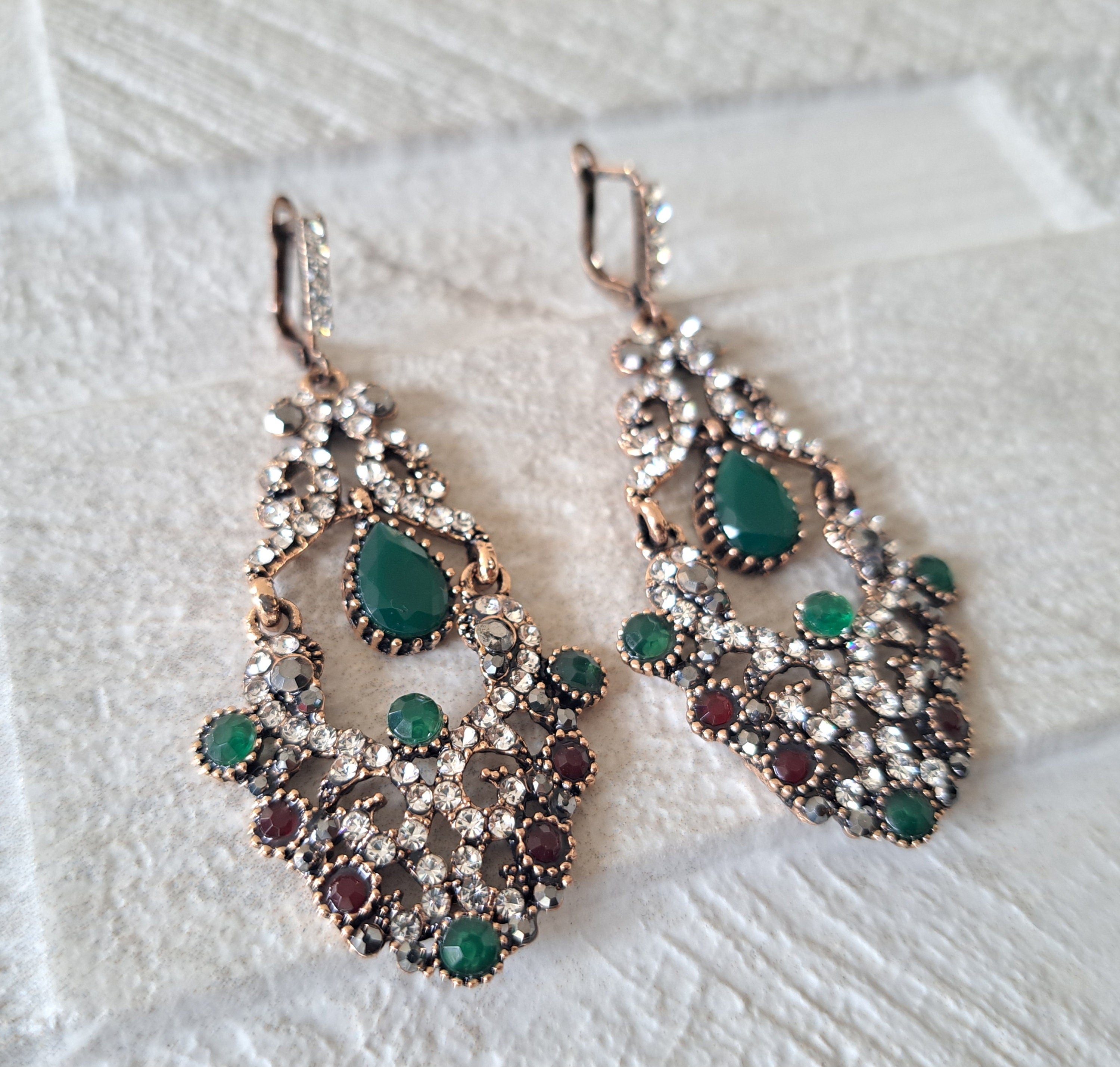 Gold Green Swarovski Crystal Dangle Chandelier Earrings