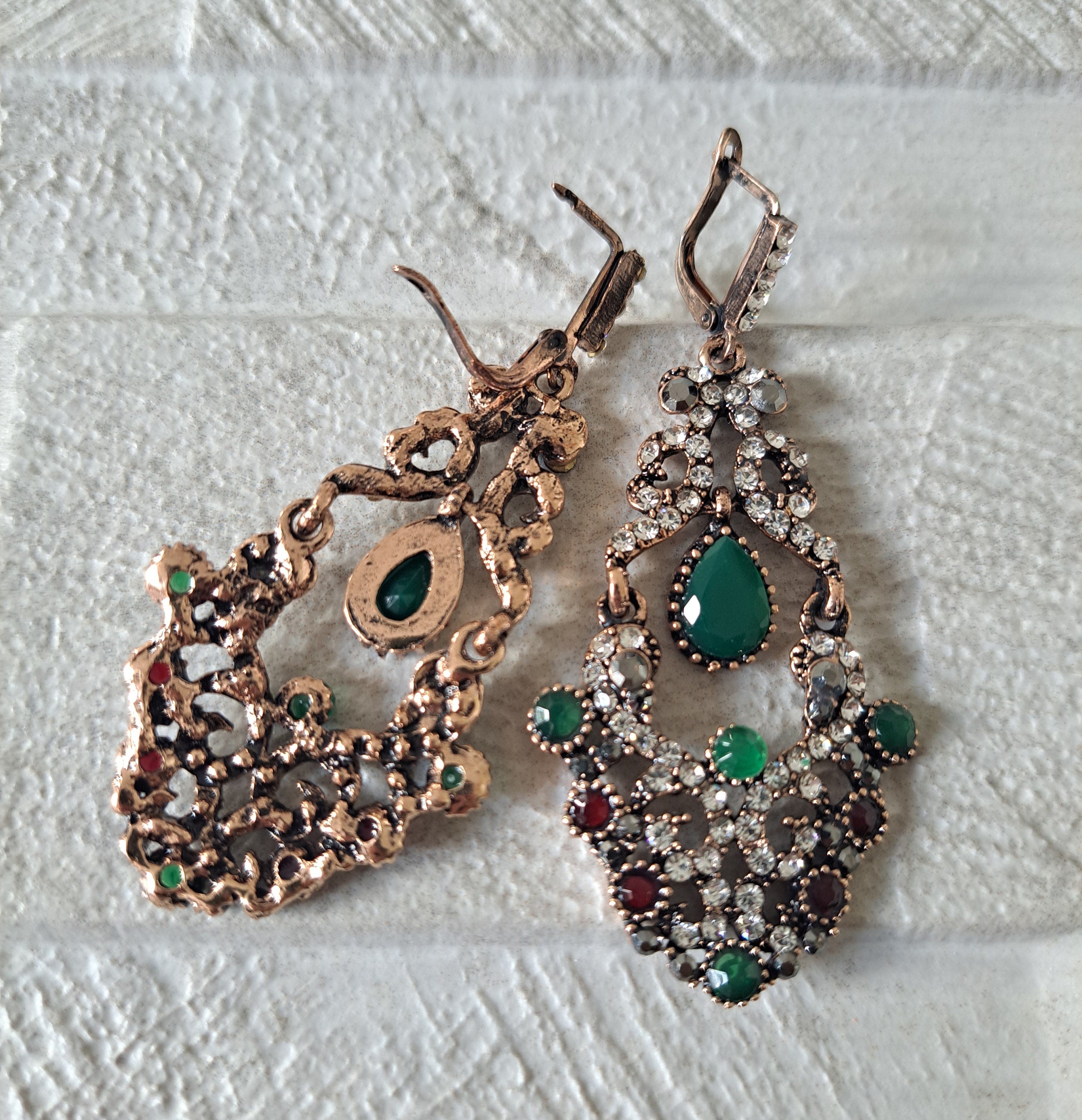 Gold Green Swarovski Crystal Dangle Chandelier Earrings