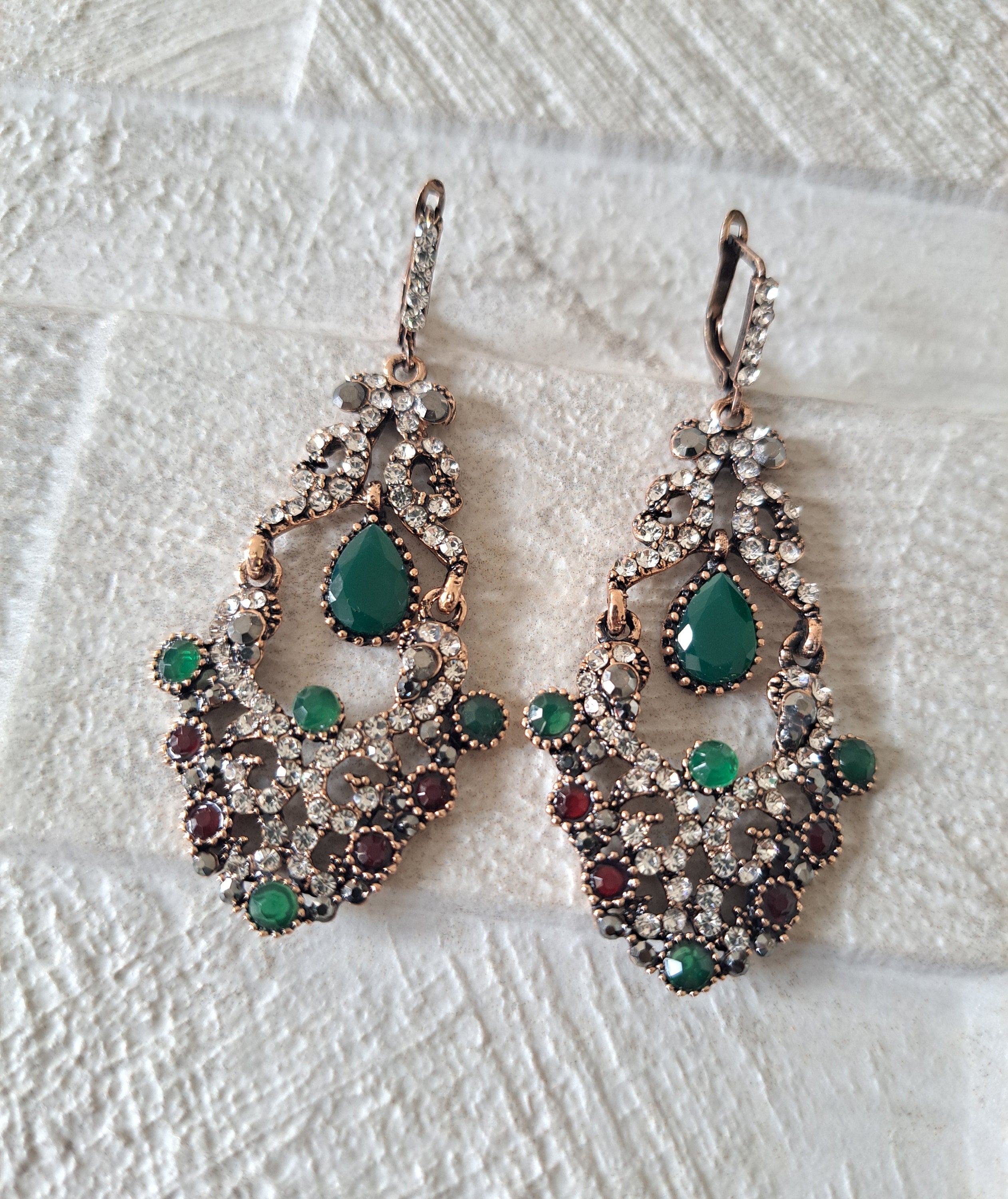 Gold Green Swarovski Crystal Dangle Chandelier Earrings