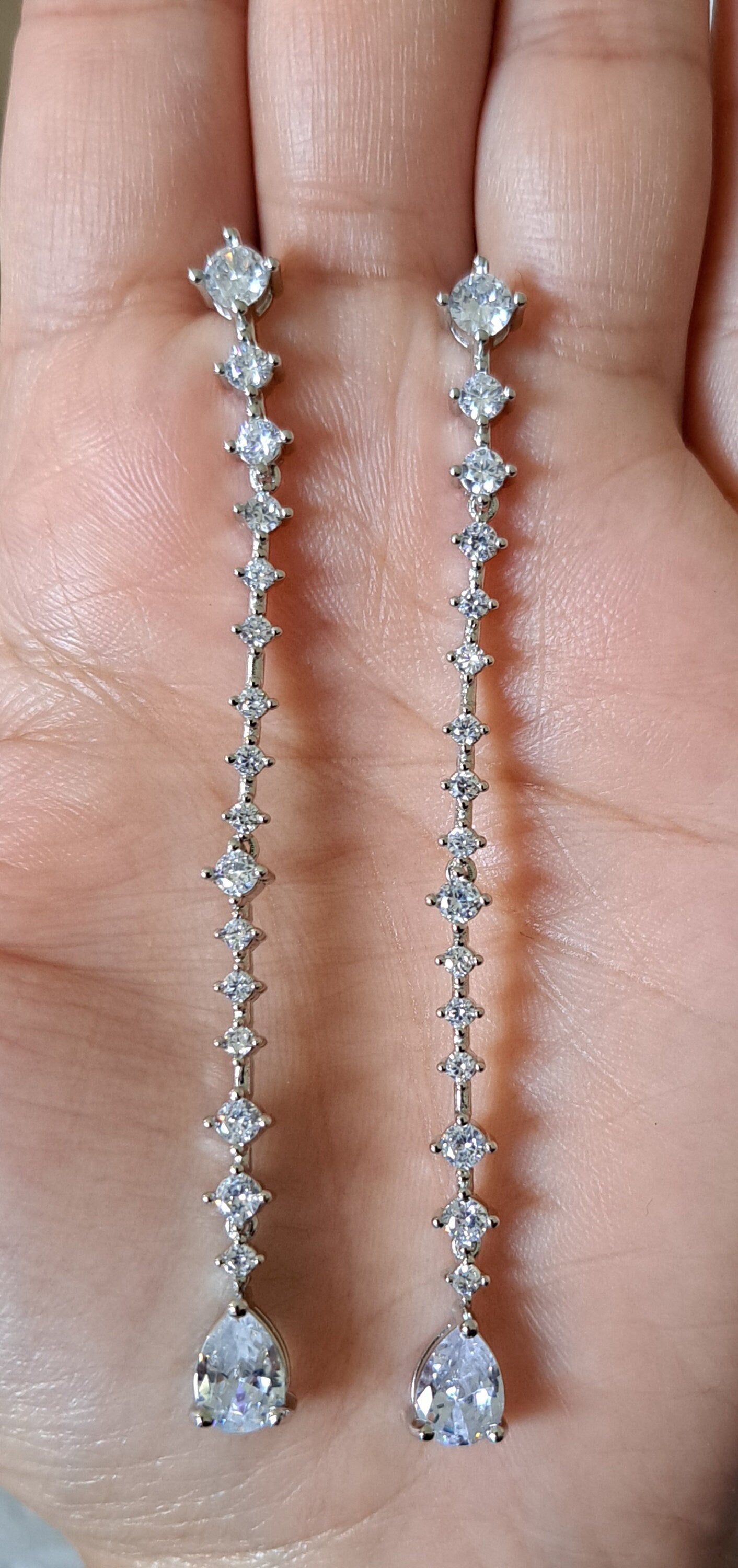 Silver Long Swarovski Crystal Water Drop Earrings