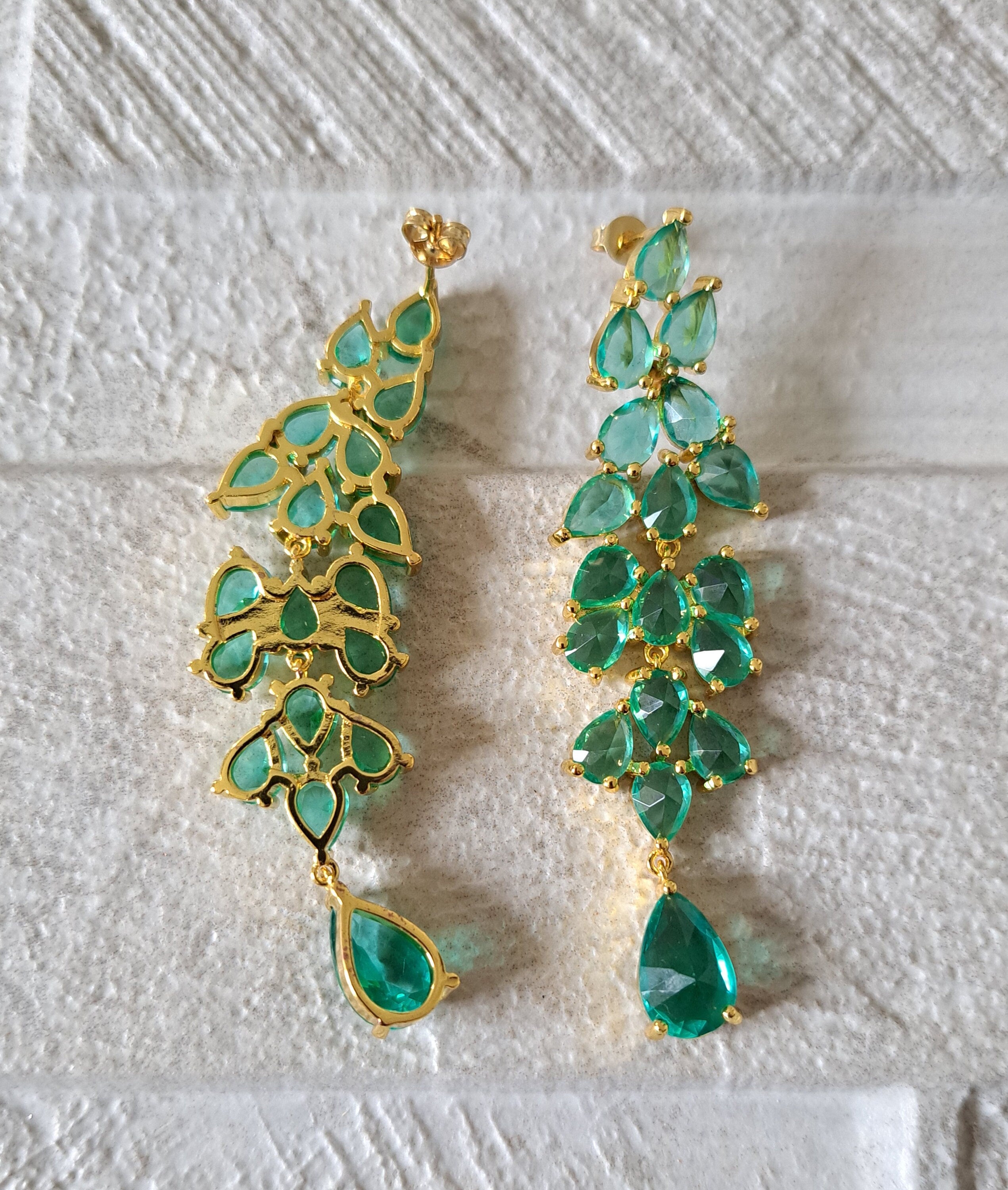 Gold Green Water Drop Long Swarovski Crystal Chandelier Earrings
