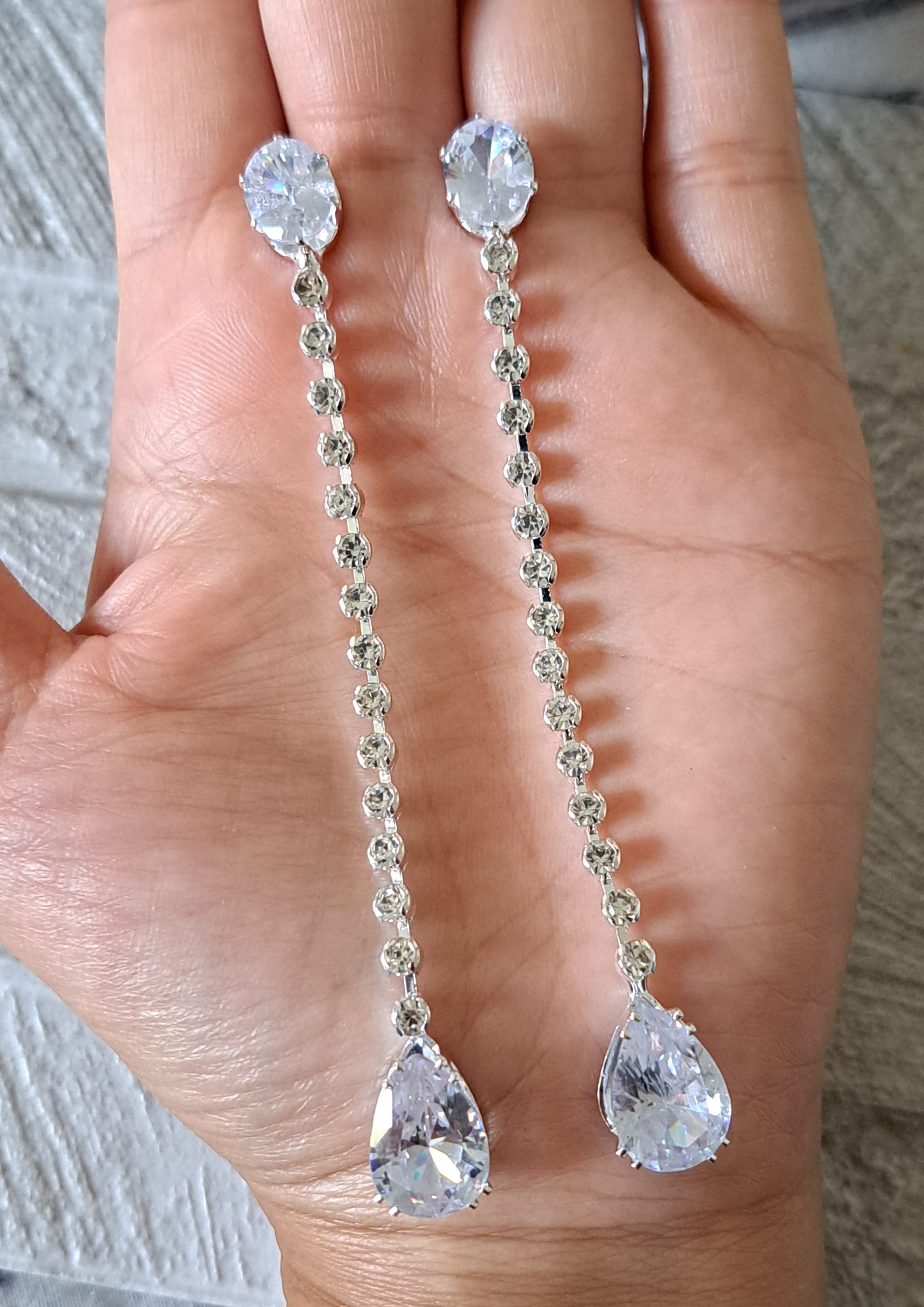 Silver Long Water Drop Swarovski Crystal Earrings