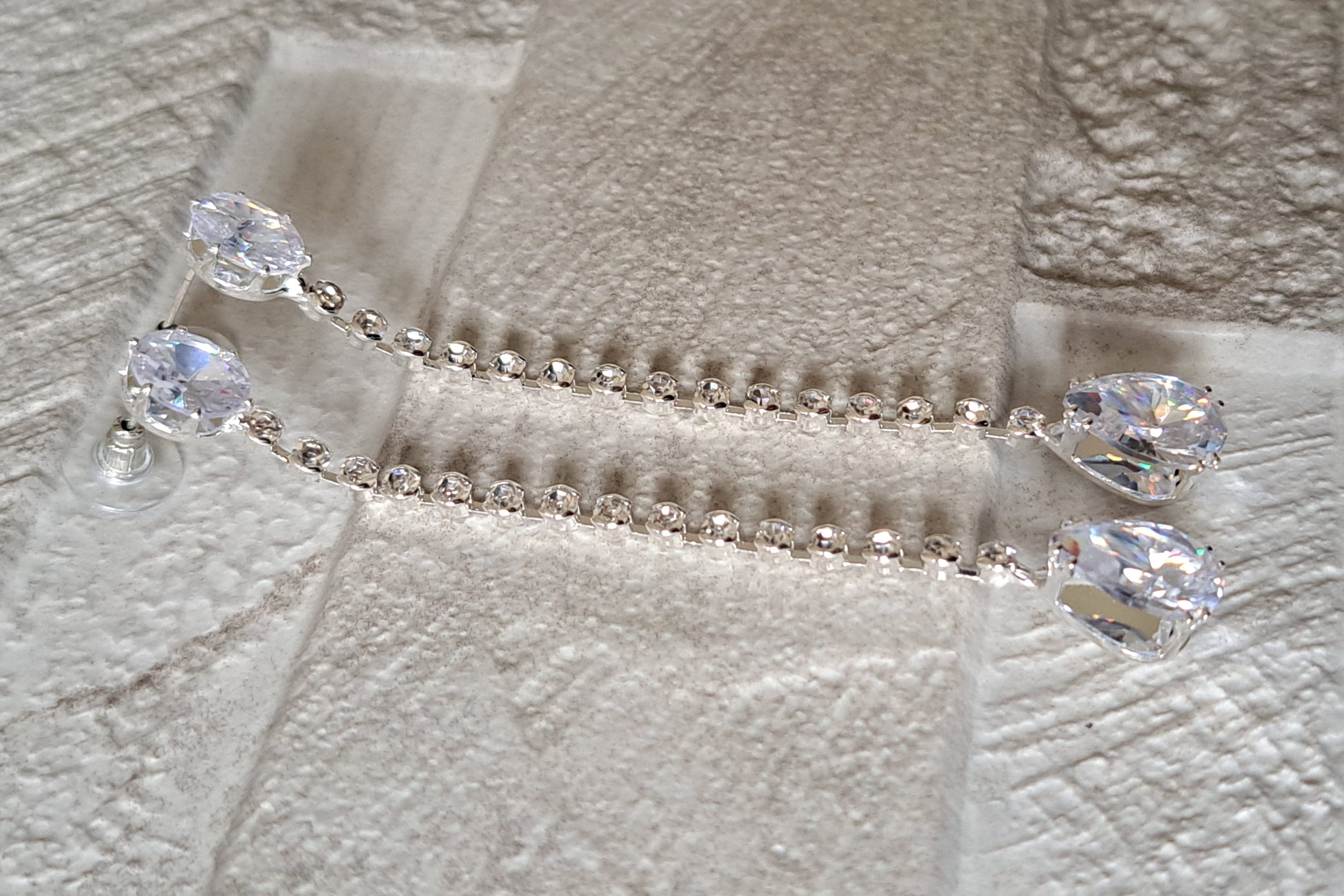 Silver Long Water Drop Swarovski Crystal Earrings