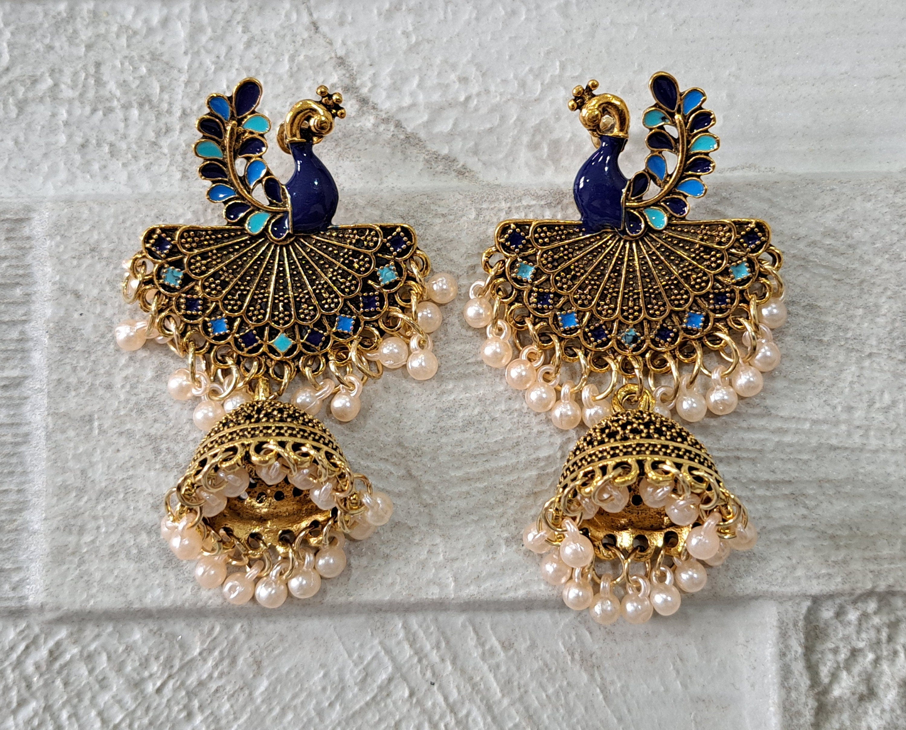 Gold Blue Long Chandelier Peacock Earrings