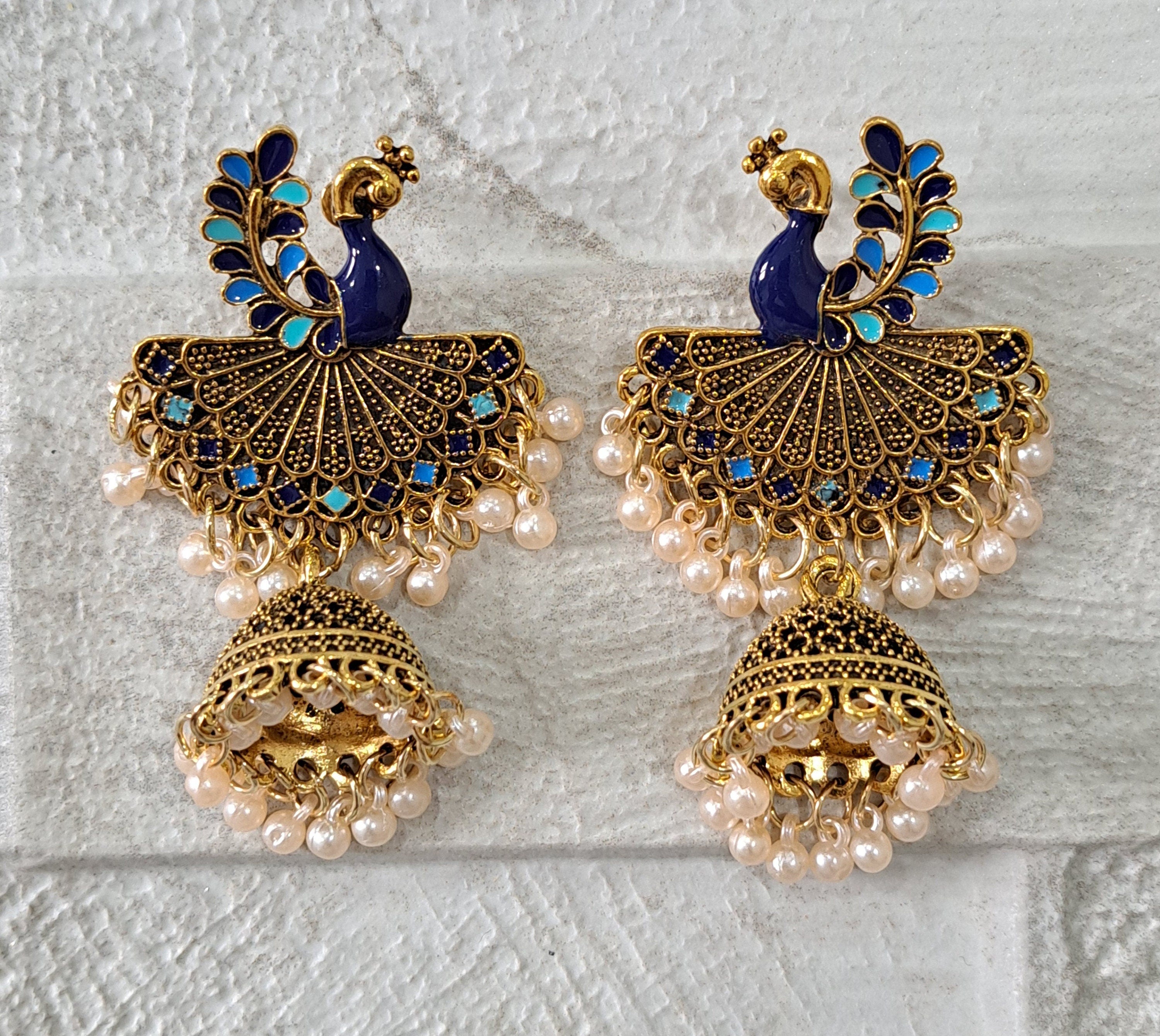 Gold Blue Long Chandelier Peacock Earrings