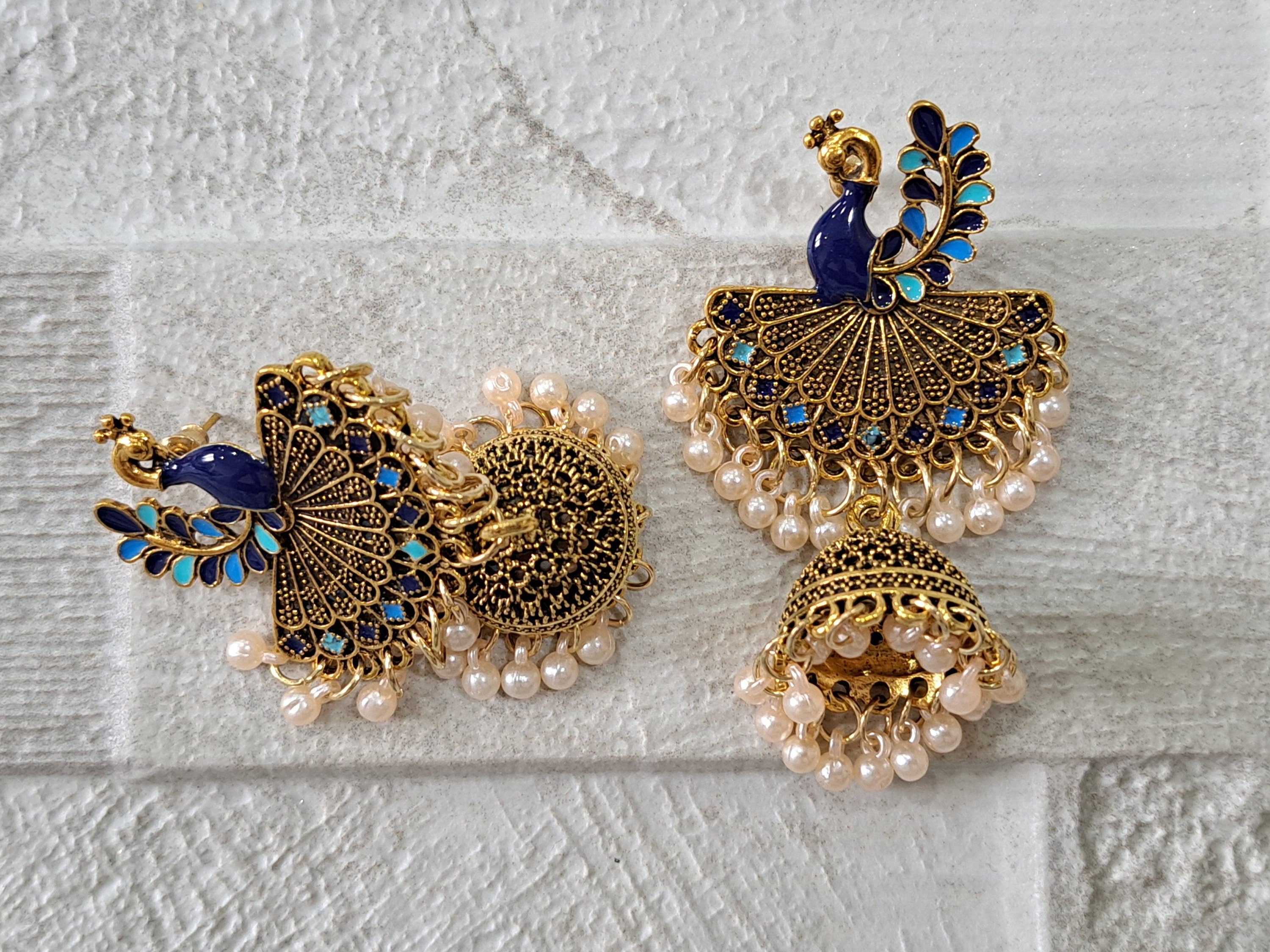 Gold Blue Long Chandelier Peacock Earrings