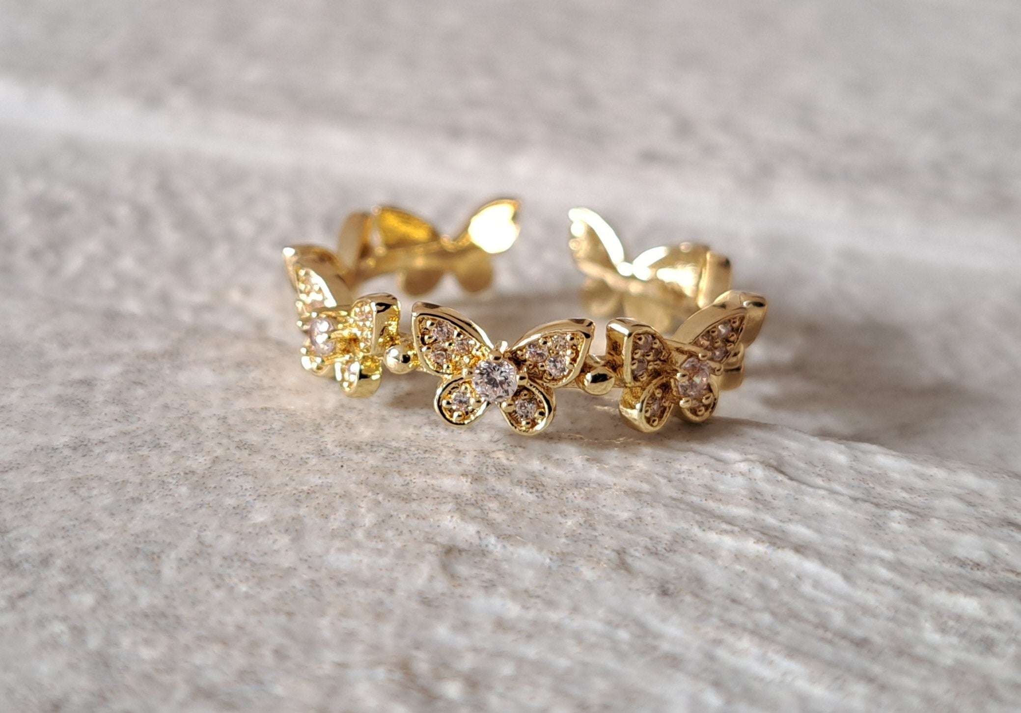 Gold Butterfly Linked Swarovski Crystal Open Ring