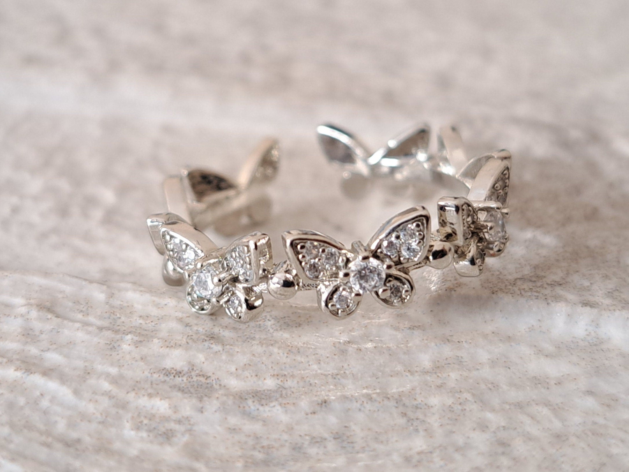 Silver Butterfly Swarovski Crystal Open Adjustable Ring