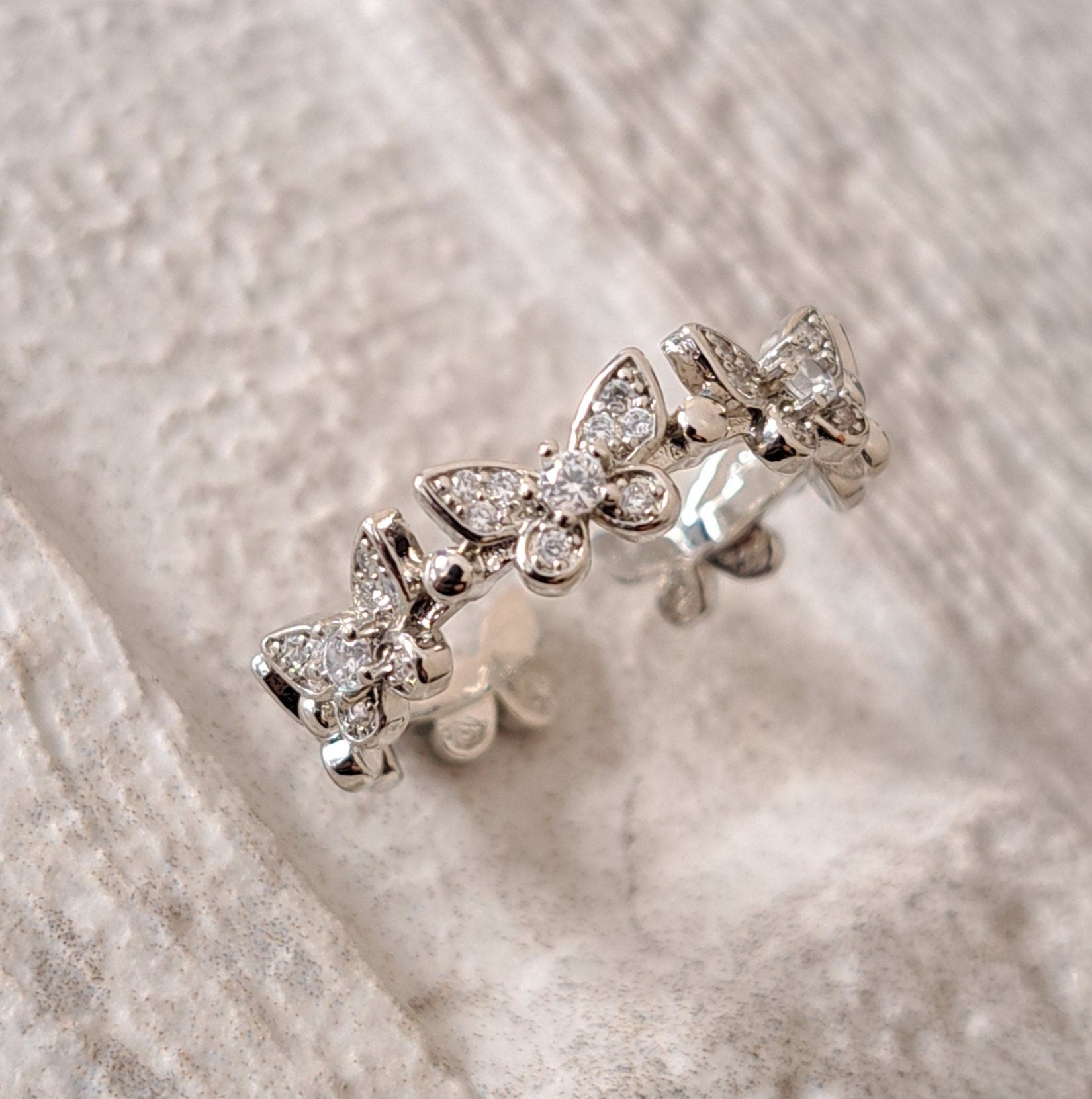 Silver Butterfly Swarovski Crystal Open Adjustable Ring