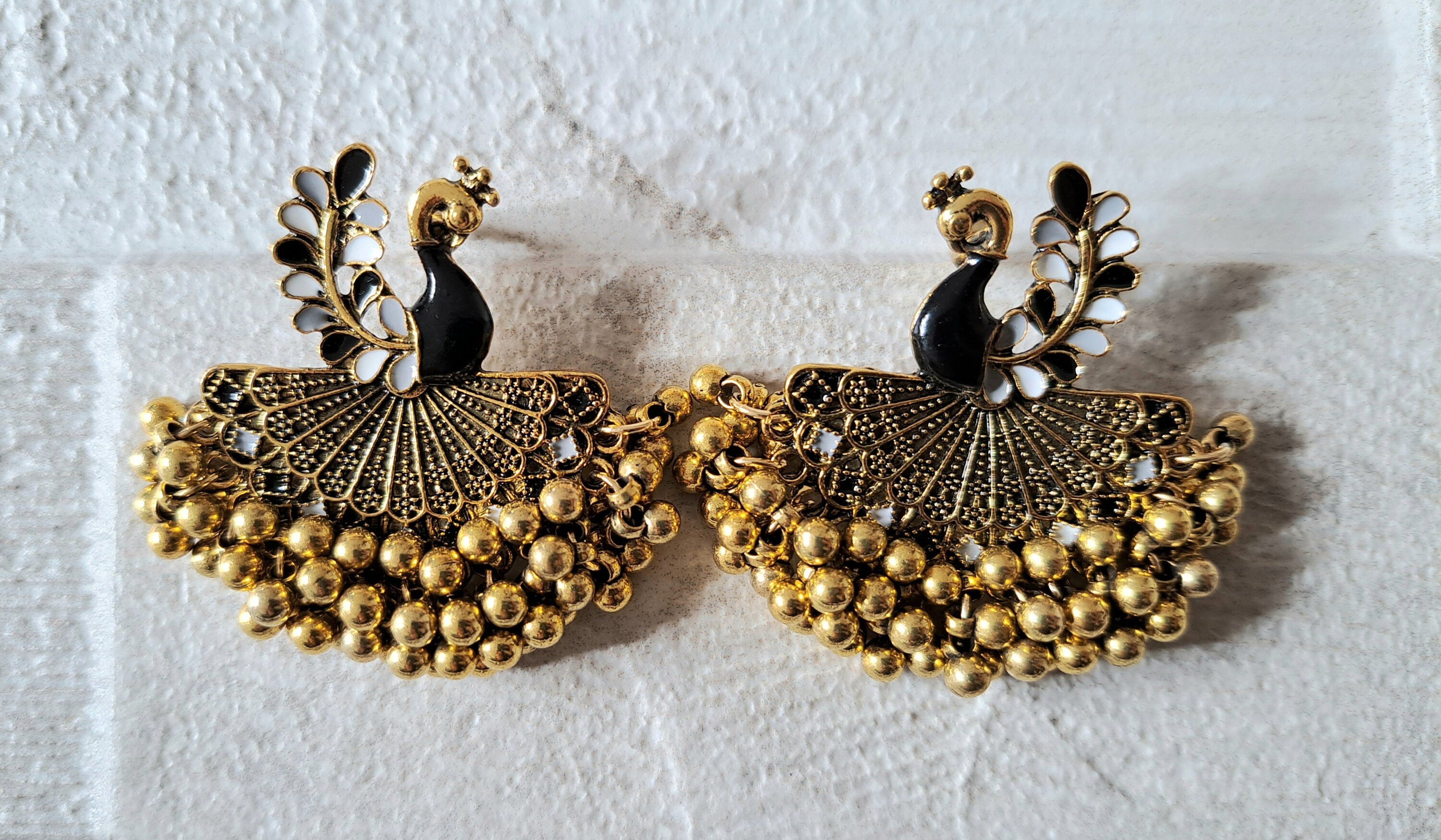 Gold Black Large Peacock Chandelier Jhumka Earrings