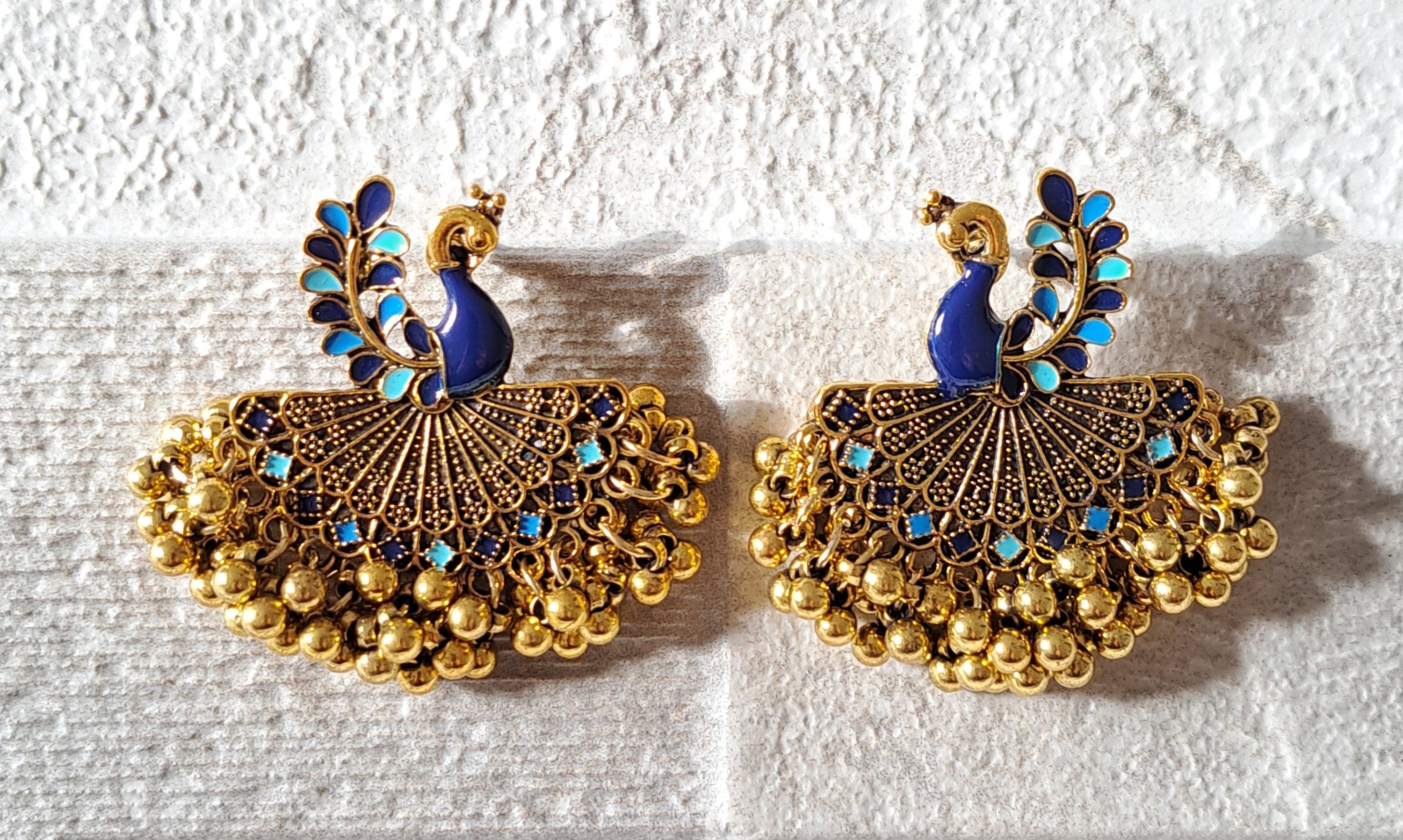 Gold Blue Peacock Large Chandelier Jhumki Jhumka Earrings