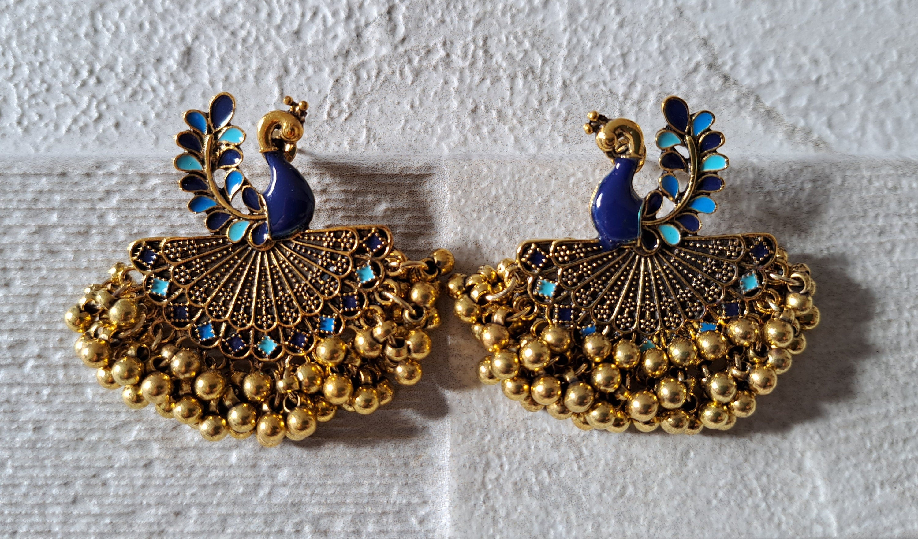 Gold Blue Peacock Large Chandelier Jhumki Jhumka Earrings