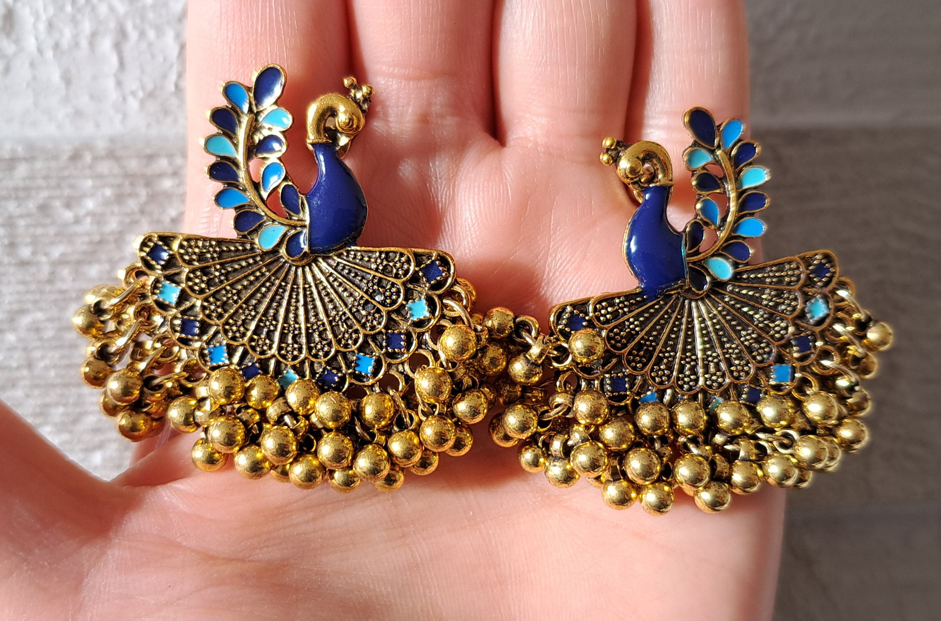 Gold Blue Peacock Large Chandelier Jhumki Jhumka Earrings
