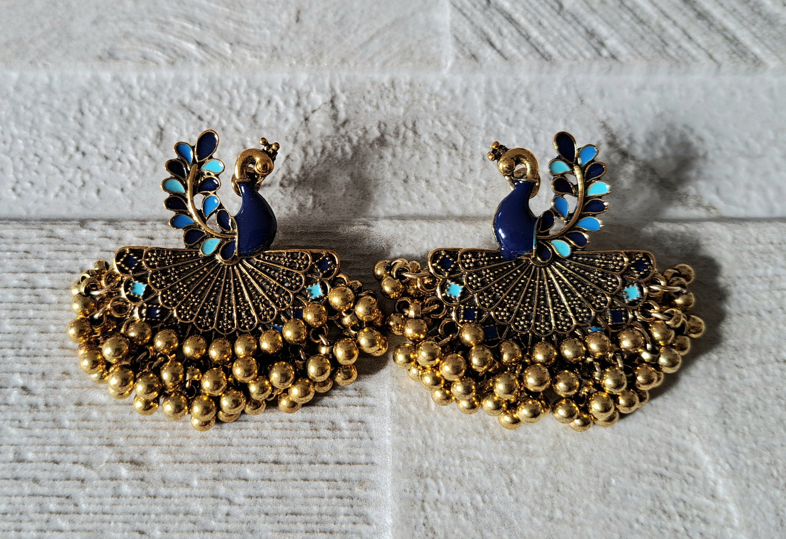 Gold Blue Peacock Large Chandelier Jhumki Jhumka Earrings