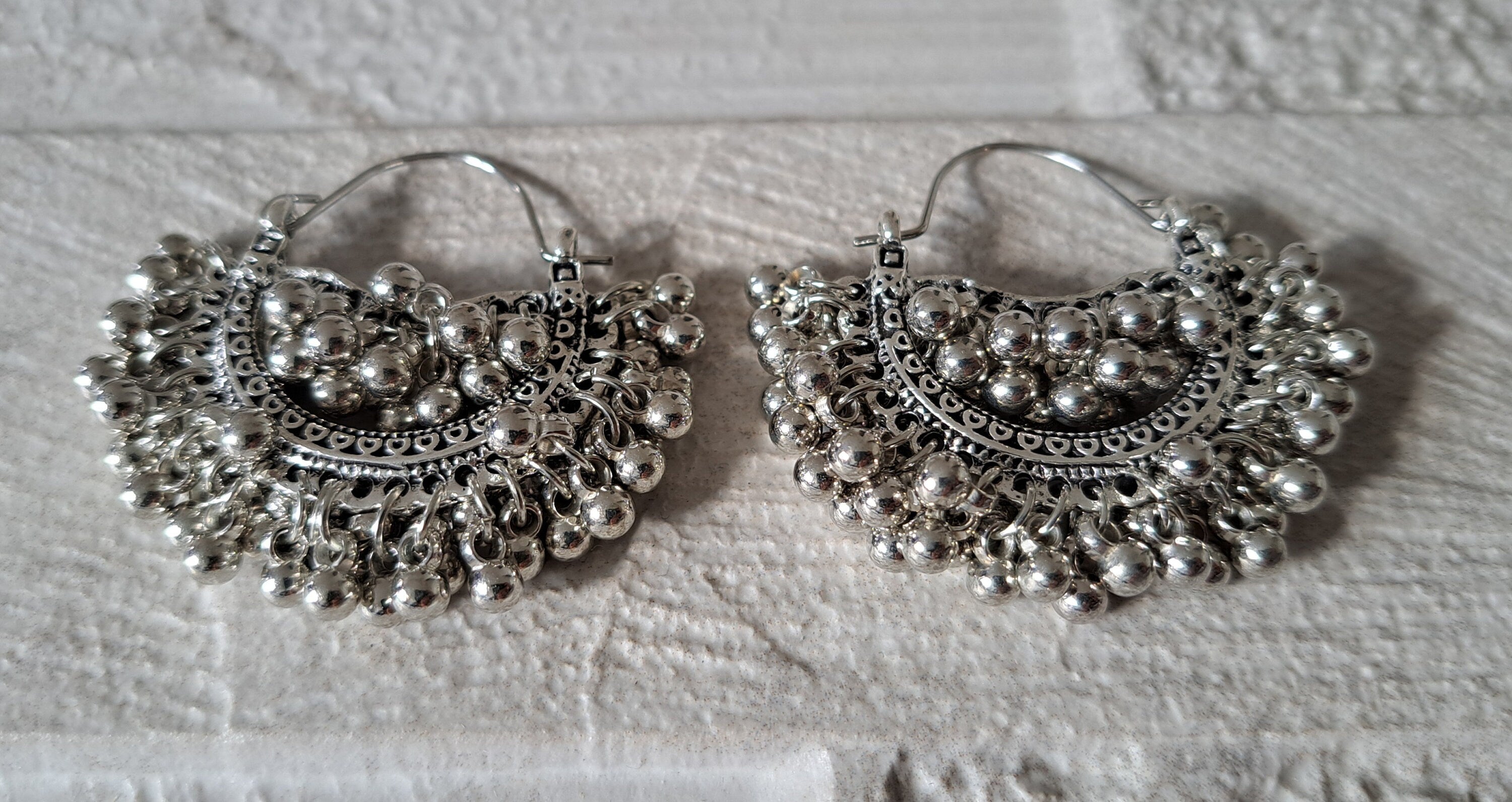 Silver Bohemian Indian Ball Silver Hoop Earrings