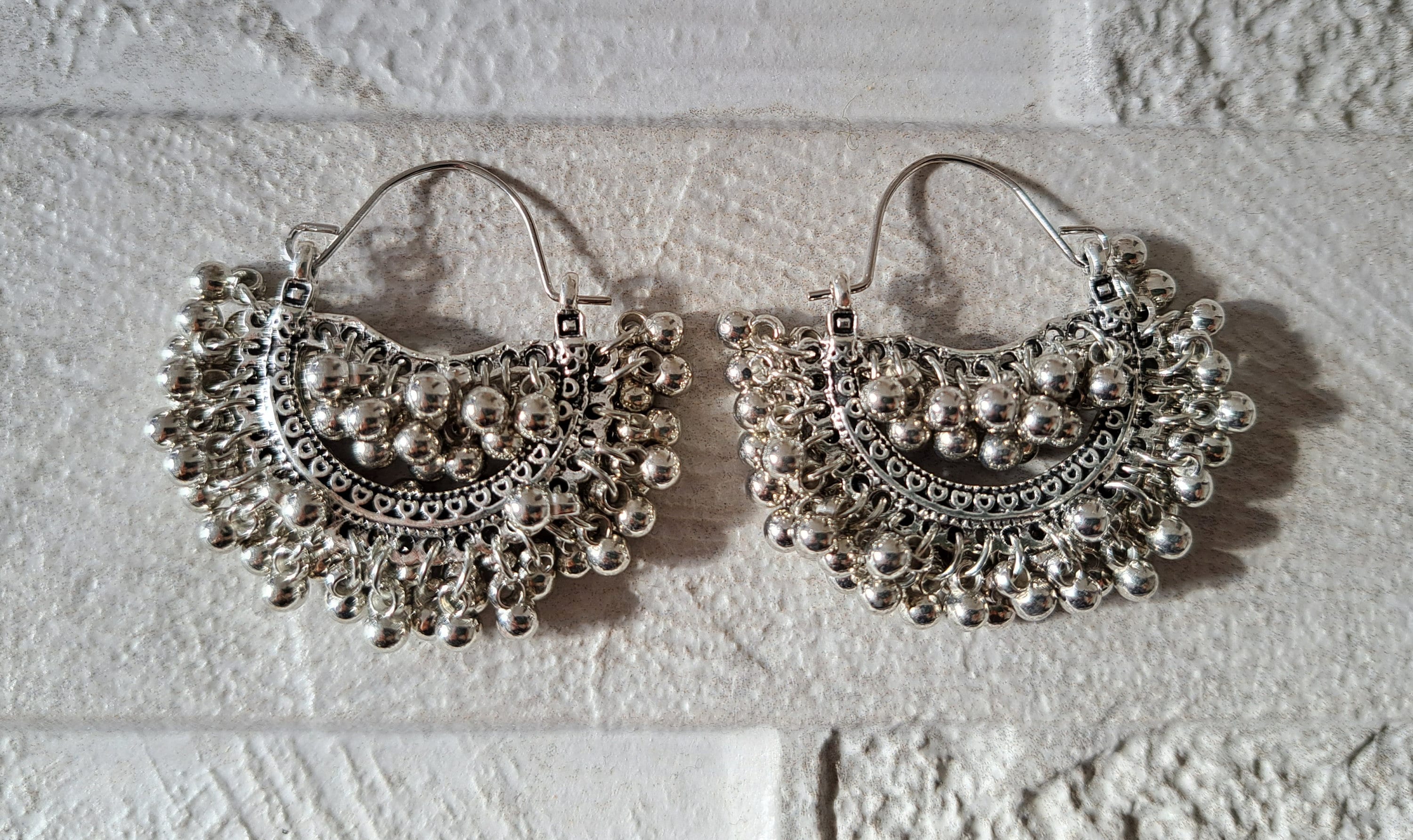 Silver Bohemian Indian Ball Silver Hoop Earrings