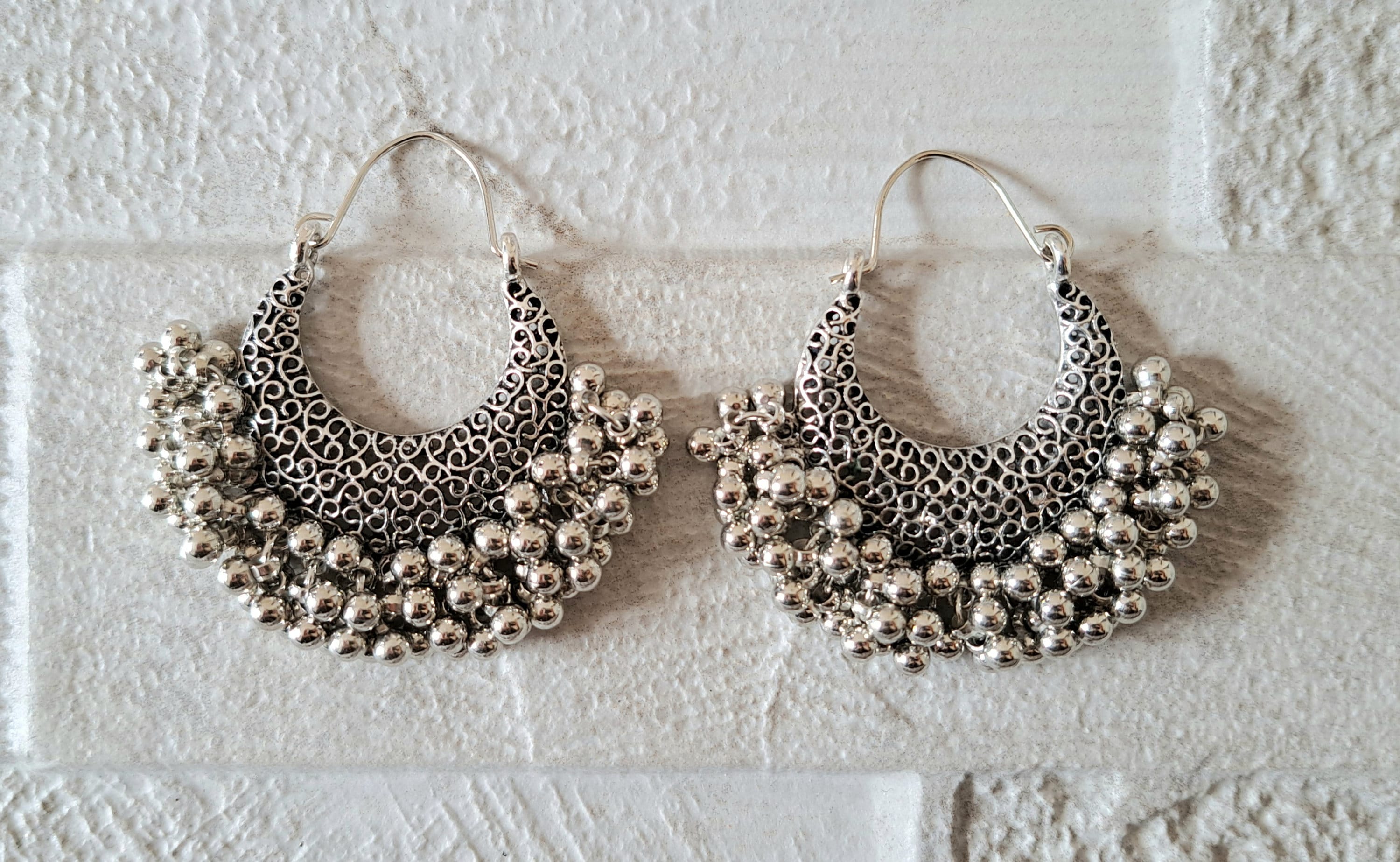 Silver Large Antique Ball Hoops Indian Turkish Style Earrings