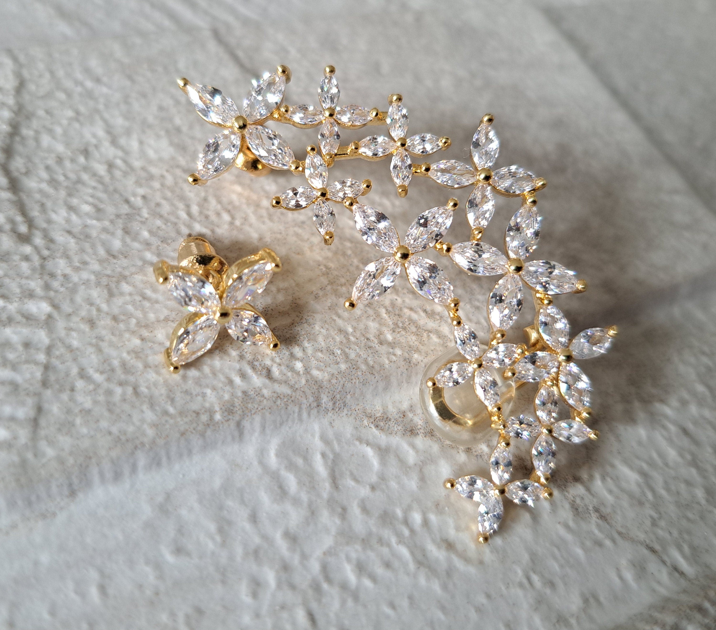 Elegant Gold Plated Swarovski Crystal Wrap Climber Cuff and Earring