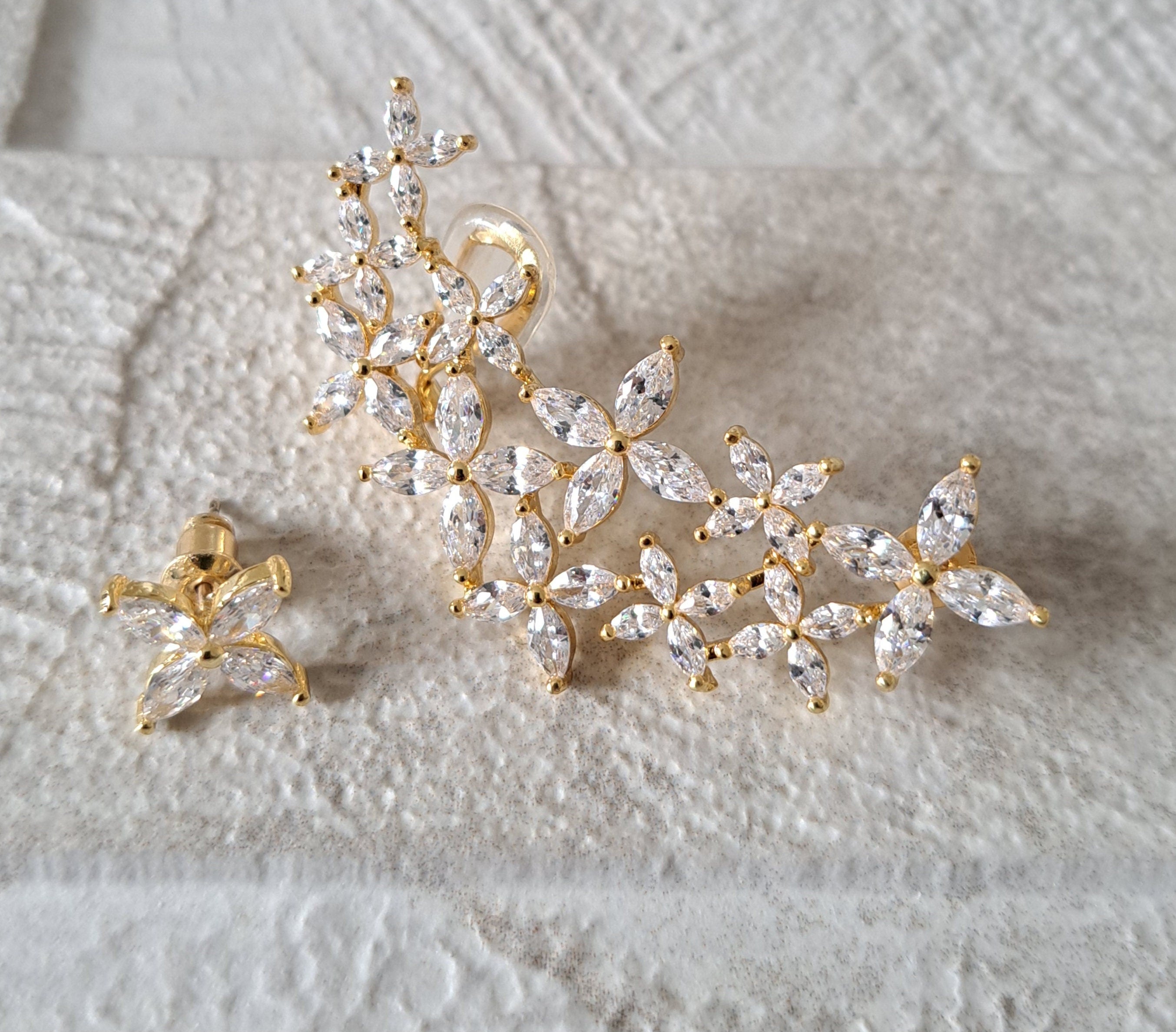 Elegant Gold Plated Swarovski Crystal Wrap Climber Cuff and Earring