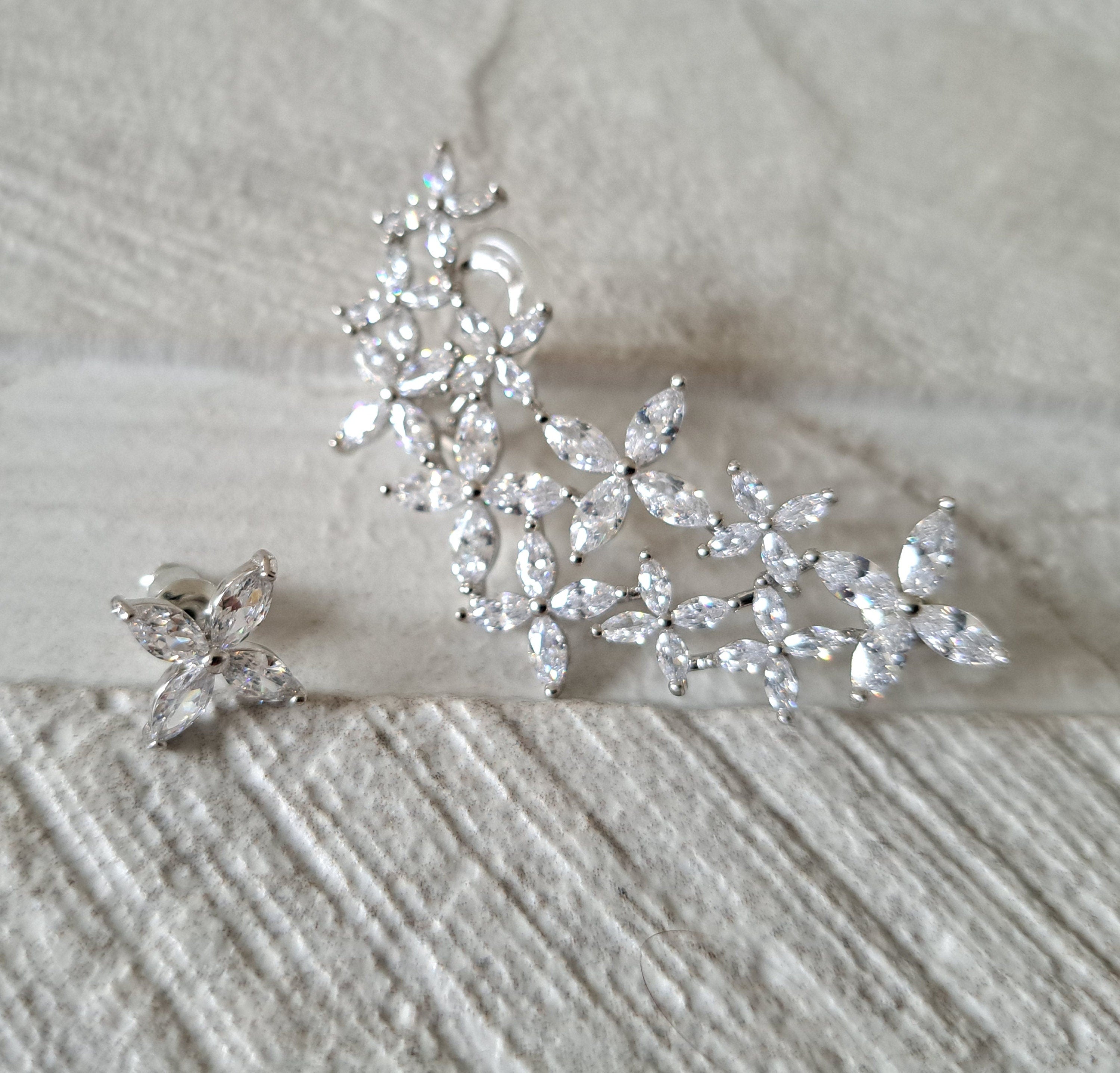 Elegant Silver Plated Swarovski Crystal Wrap Climber Cuff and Earring