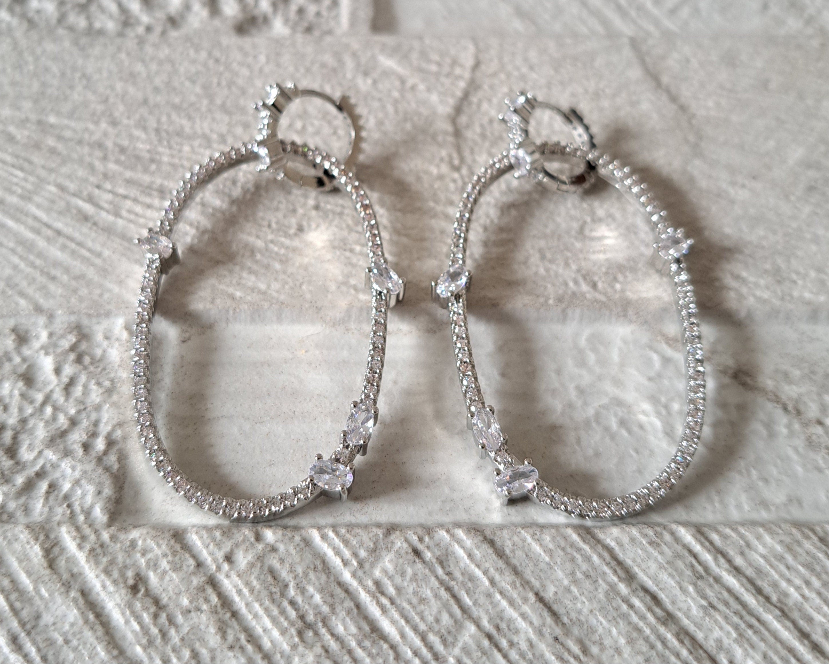 Silver Swarovski Crystal Double Oval Drop Hoop Earrings