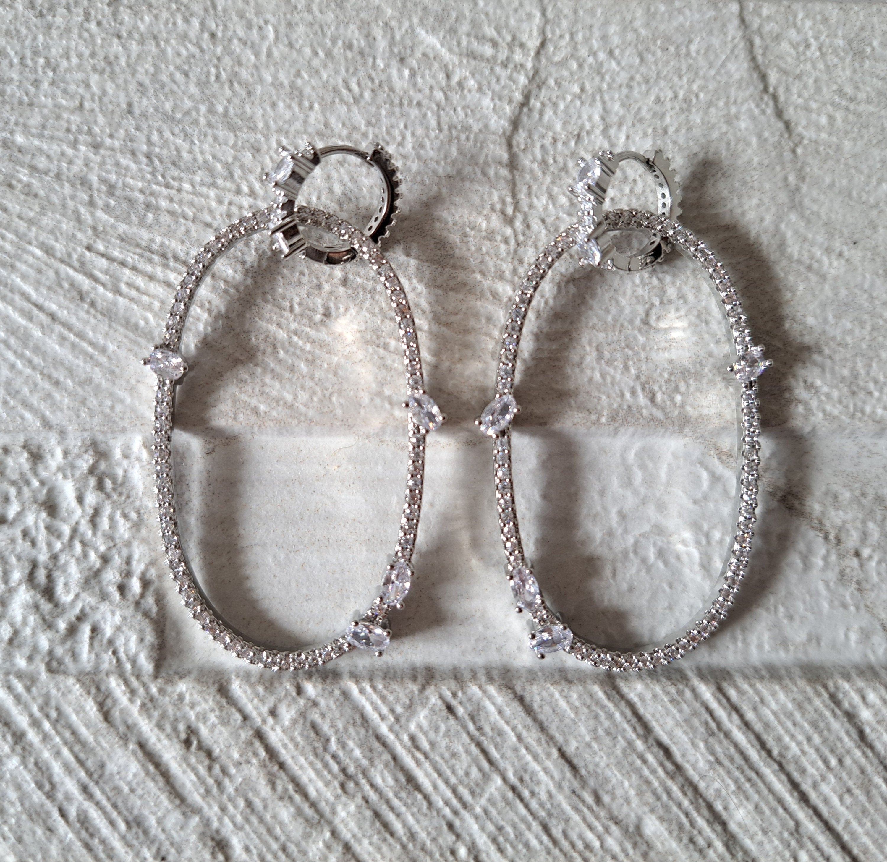 Silver Swarovski Crystal Double Oval Drop Hoop Earrings