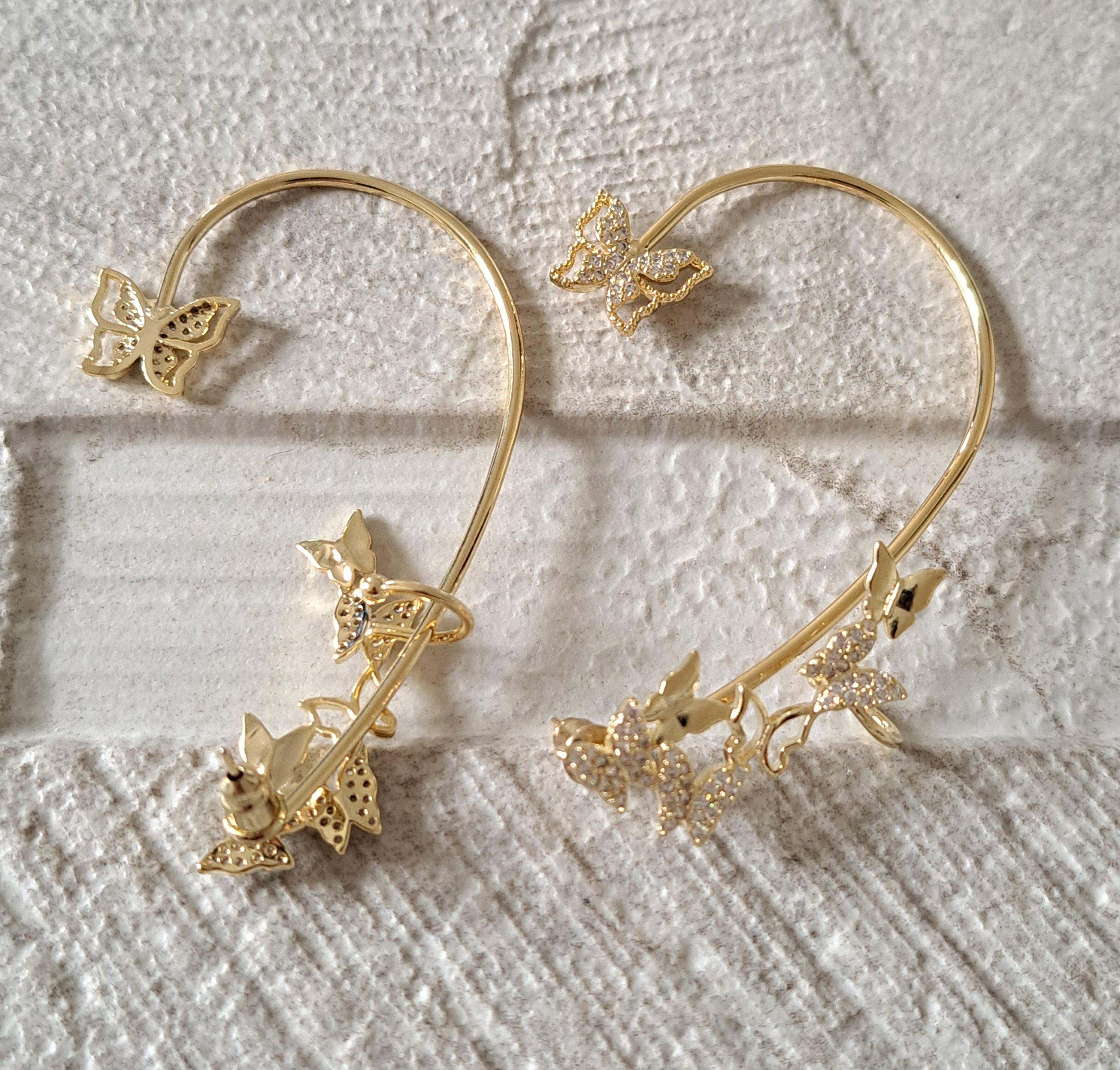 Large Gold Swarovski Crystal Butterfly Ear Climber Cuff Earrings