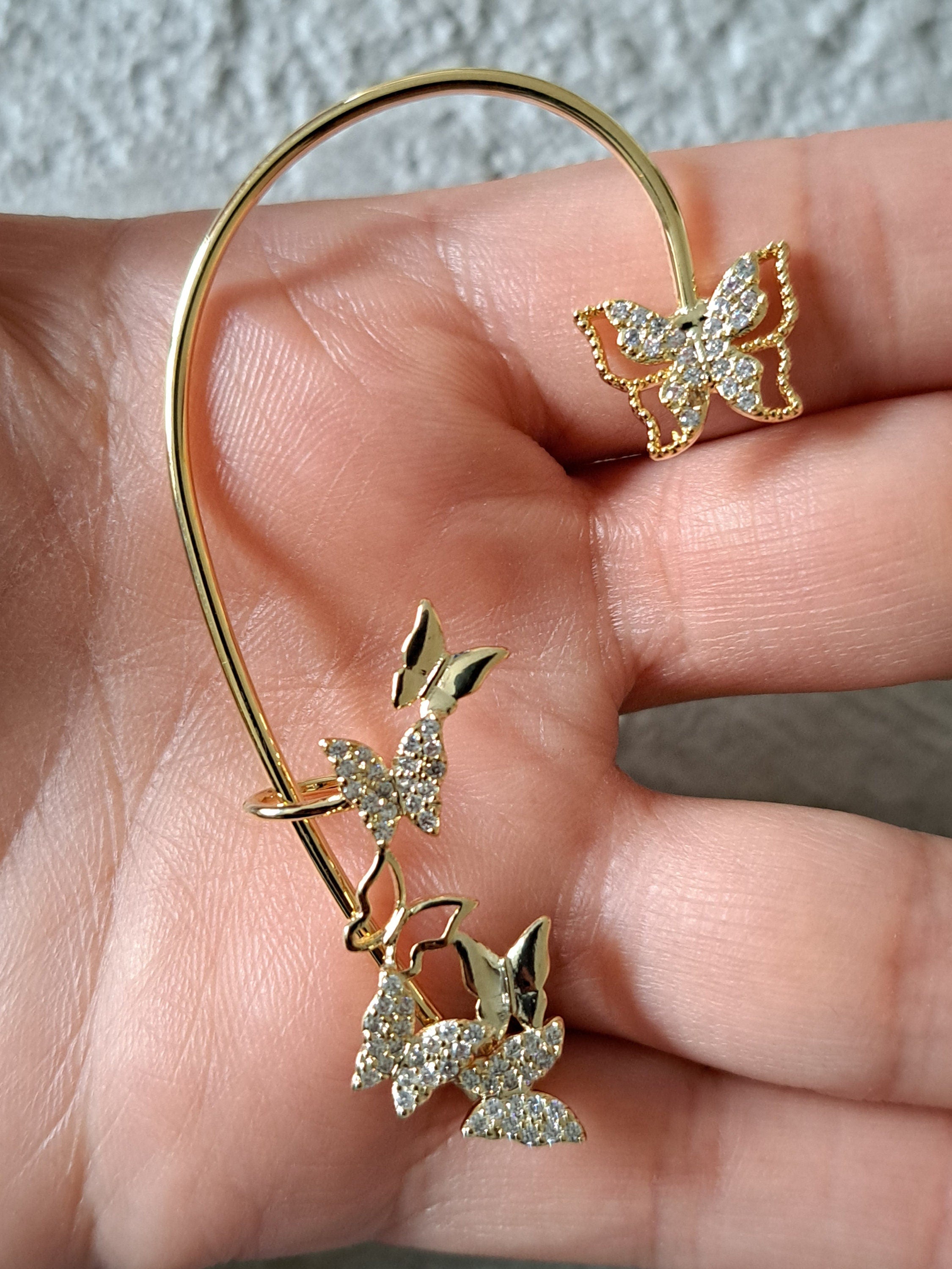 Large Gold Swarovski Crystal Butterfly Ear Climber Cuff Earrings