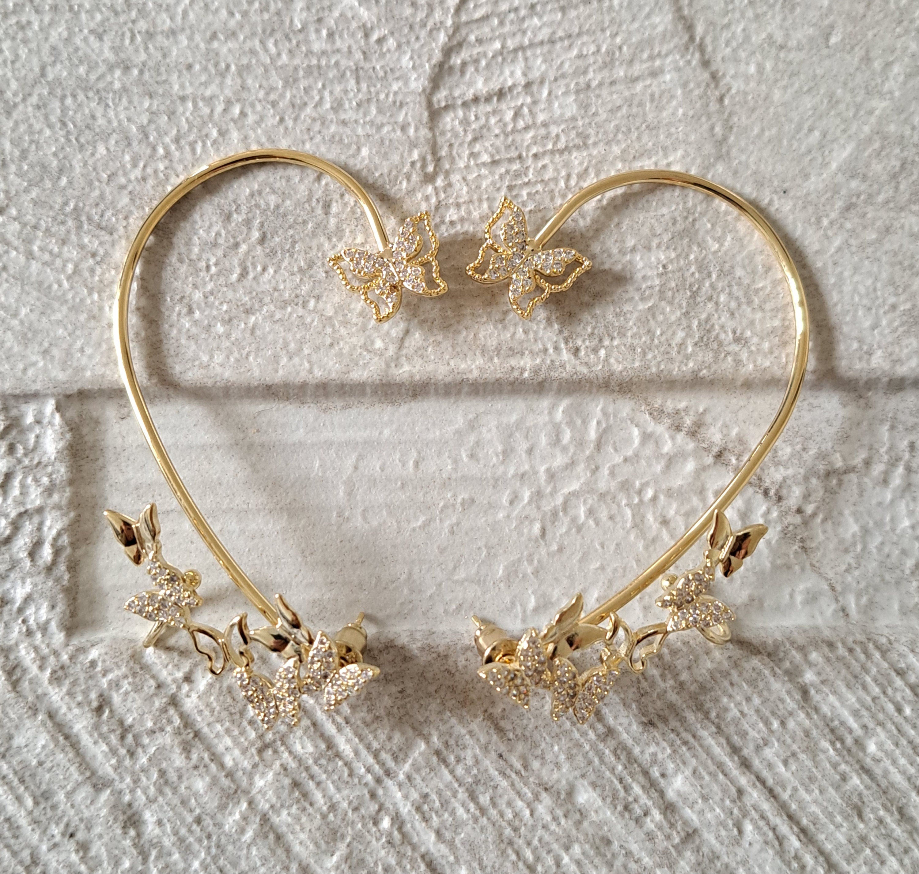 Large Gold Swarovski Crystal Butterfly Ear Climber Cuff Earrings