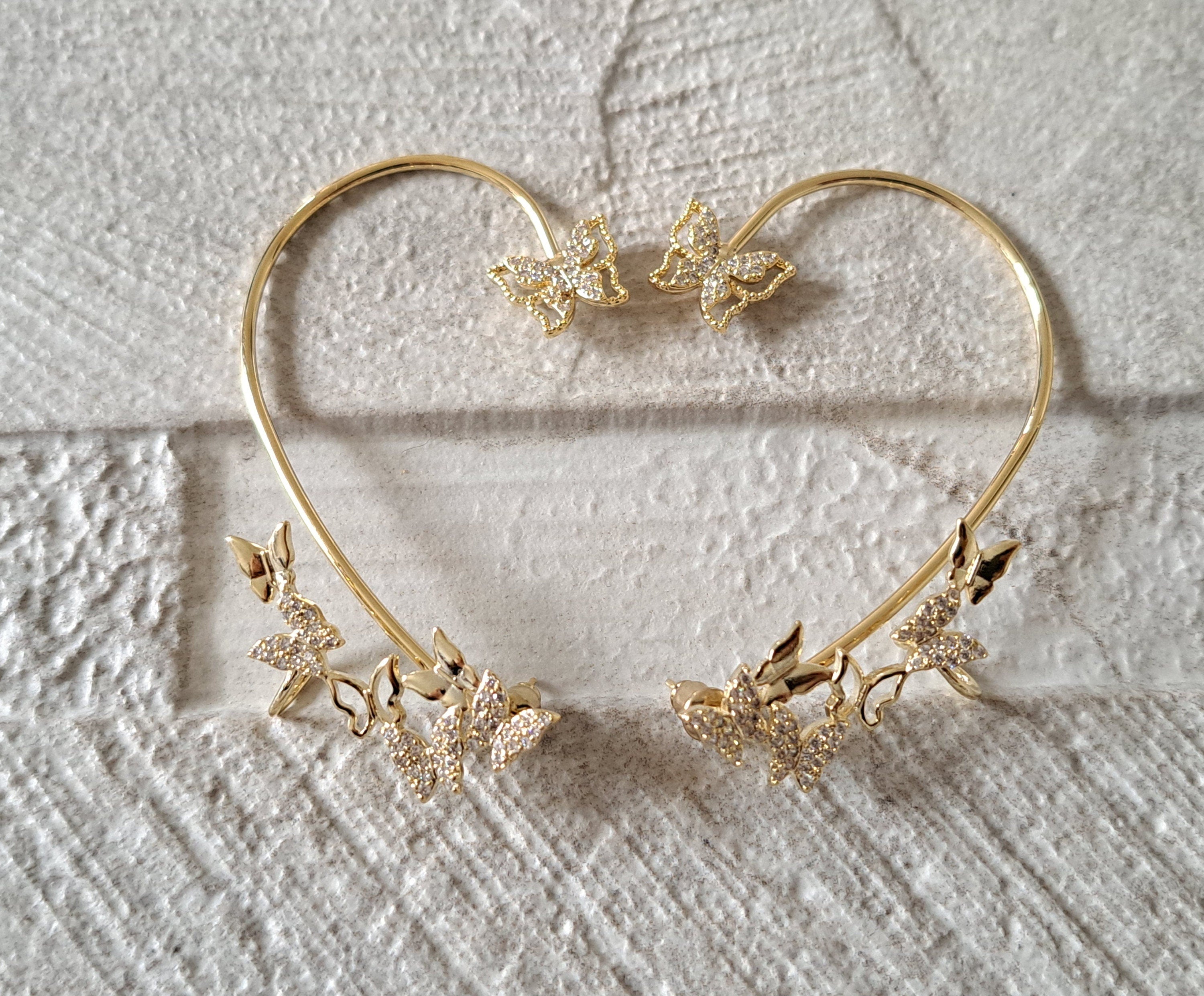Large Gold Swarovski Crystal Butterfly Ear Climber Cuff Earrings