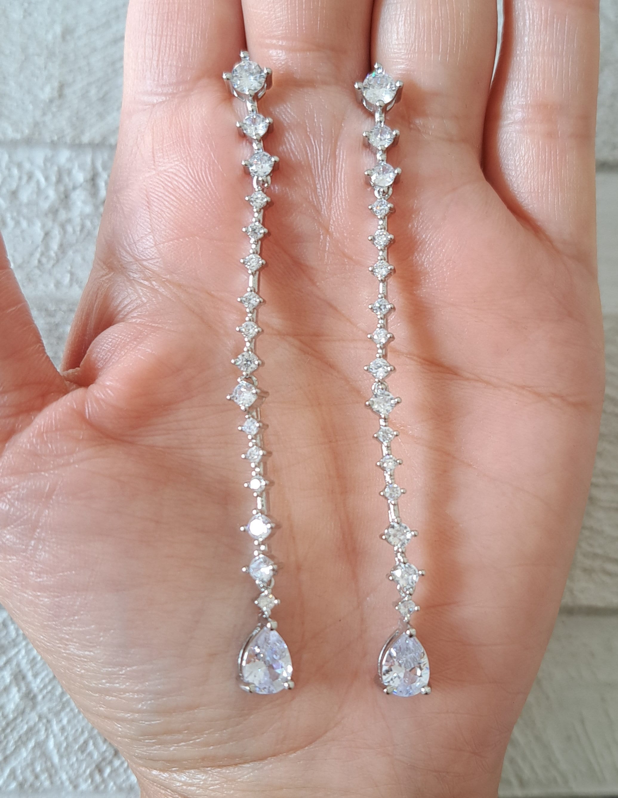 Silver Long Swarovski Crystal Water Drop Earrings