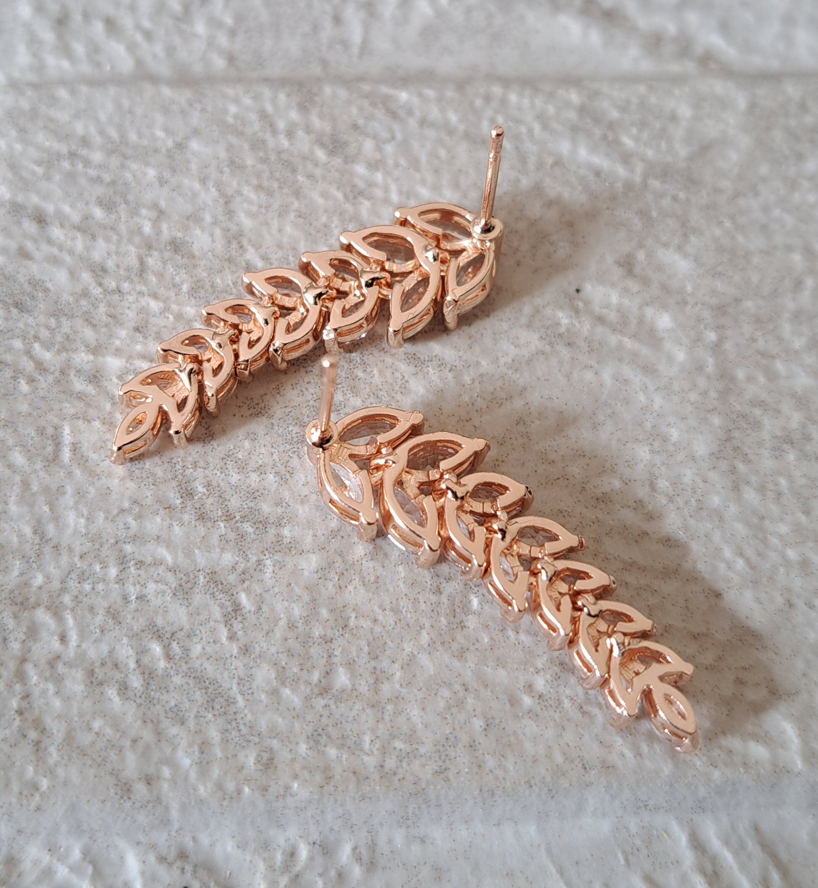 Rose Gold Swarovski Crystal Long Leaf Drop Earrings