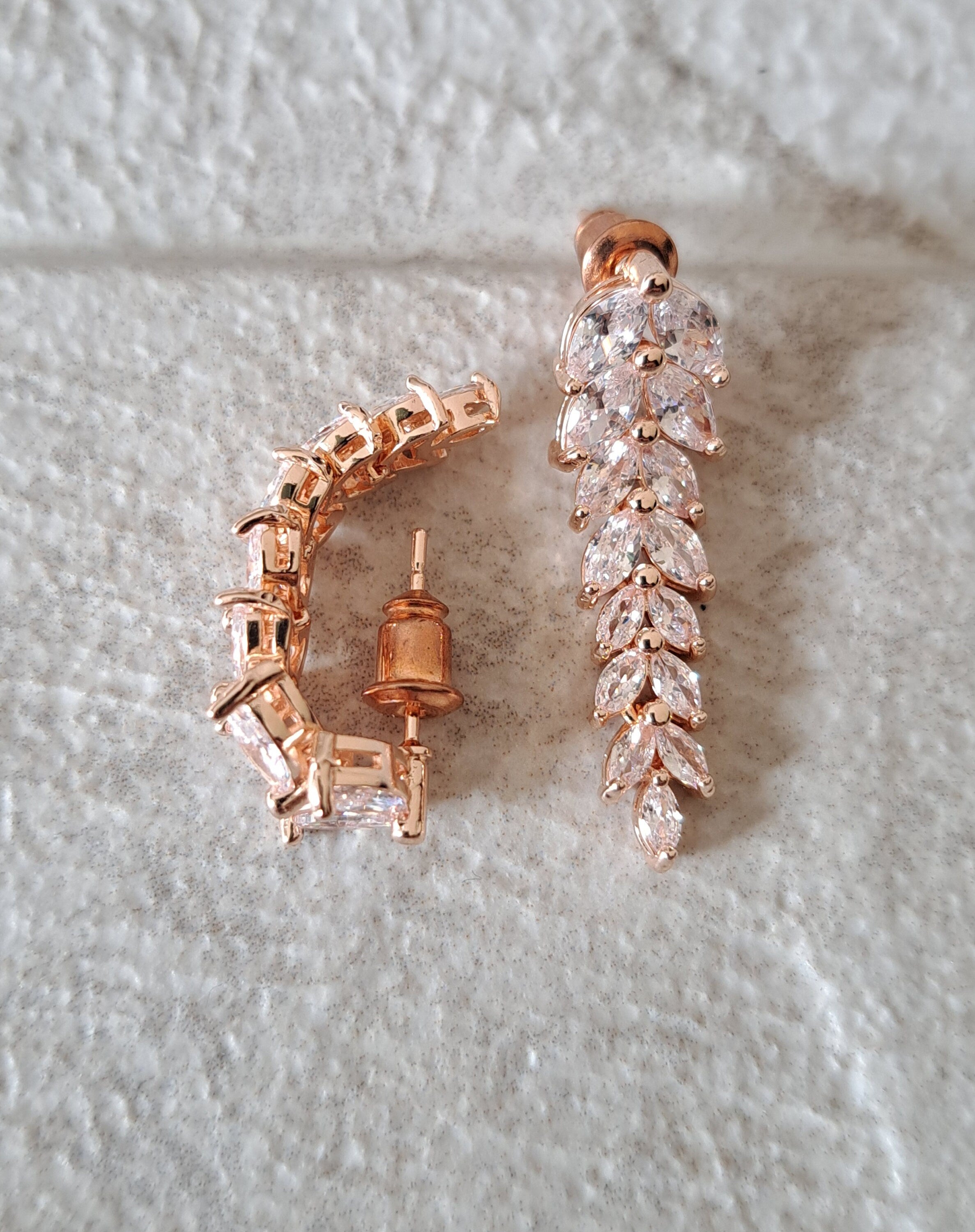 Rose Gold Swarovski Crystal Long Leaf Drop Earrings
