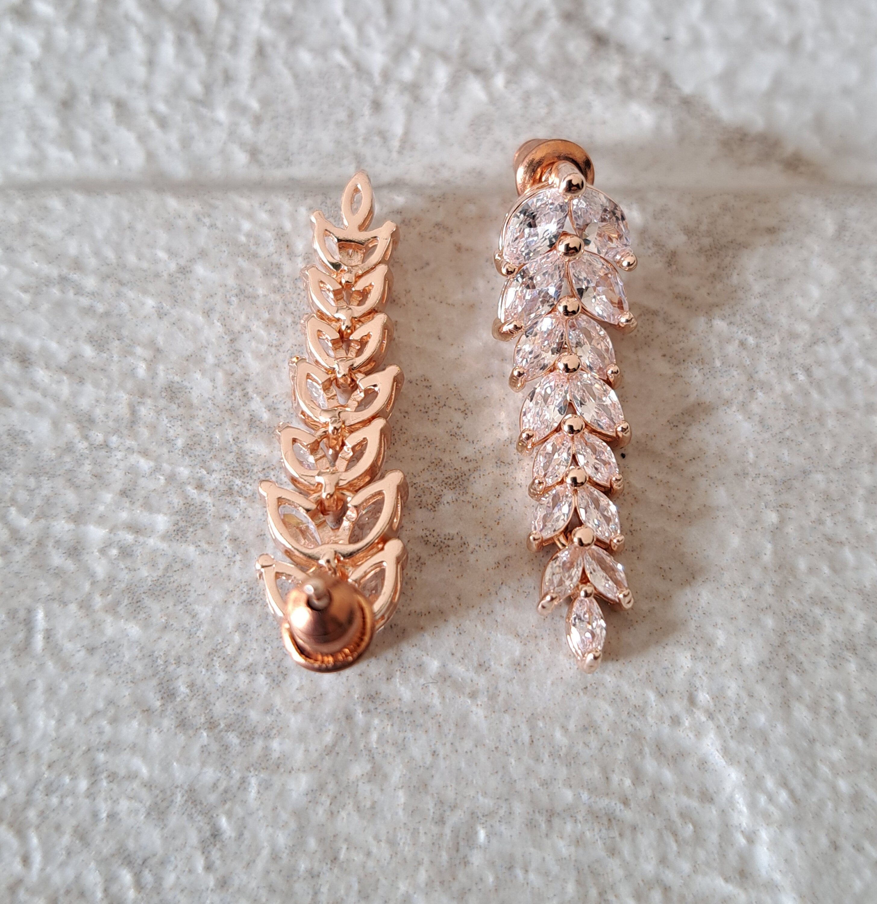 Rose Gold Swarovski Crystal Long Leaf Drop Earrings
