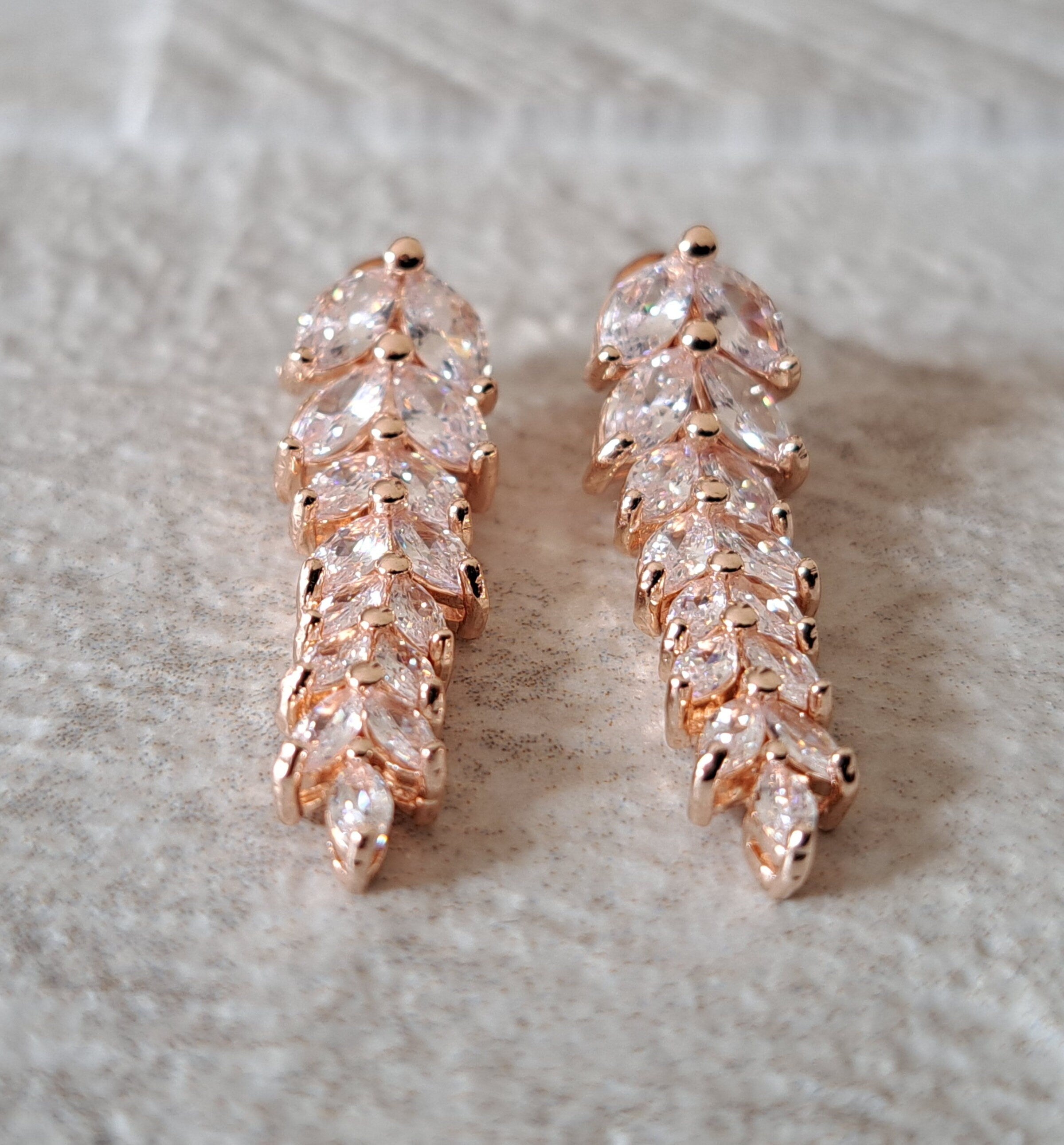 Rose Gold Swarovski Crystal Long Leaf Drop Earrings