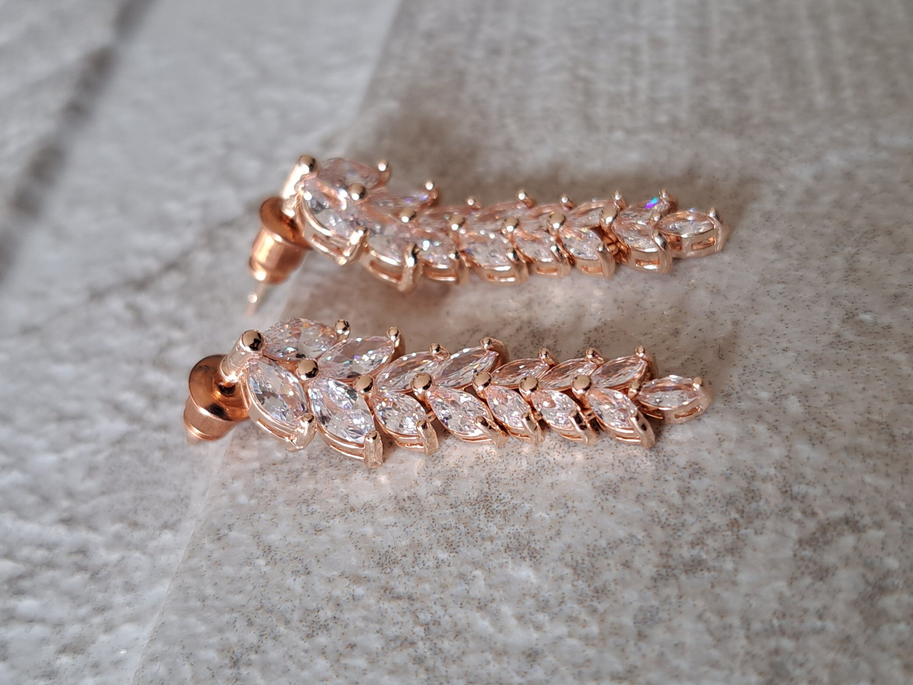 Rose Gold Swarovski Crystal Long Leaf Drop Earrings