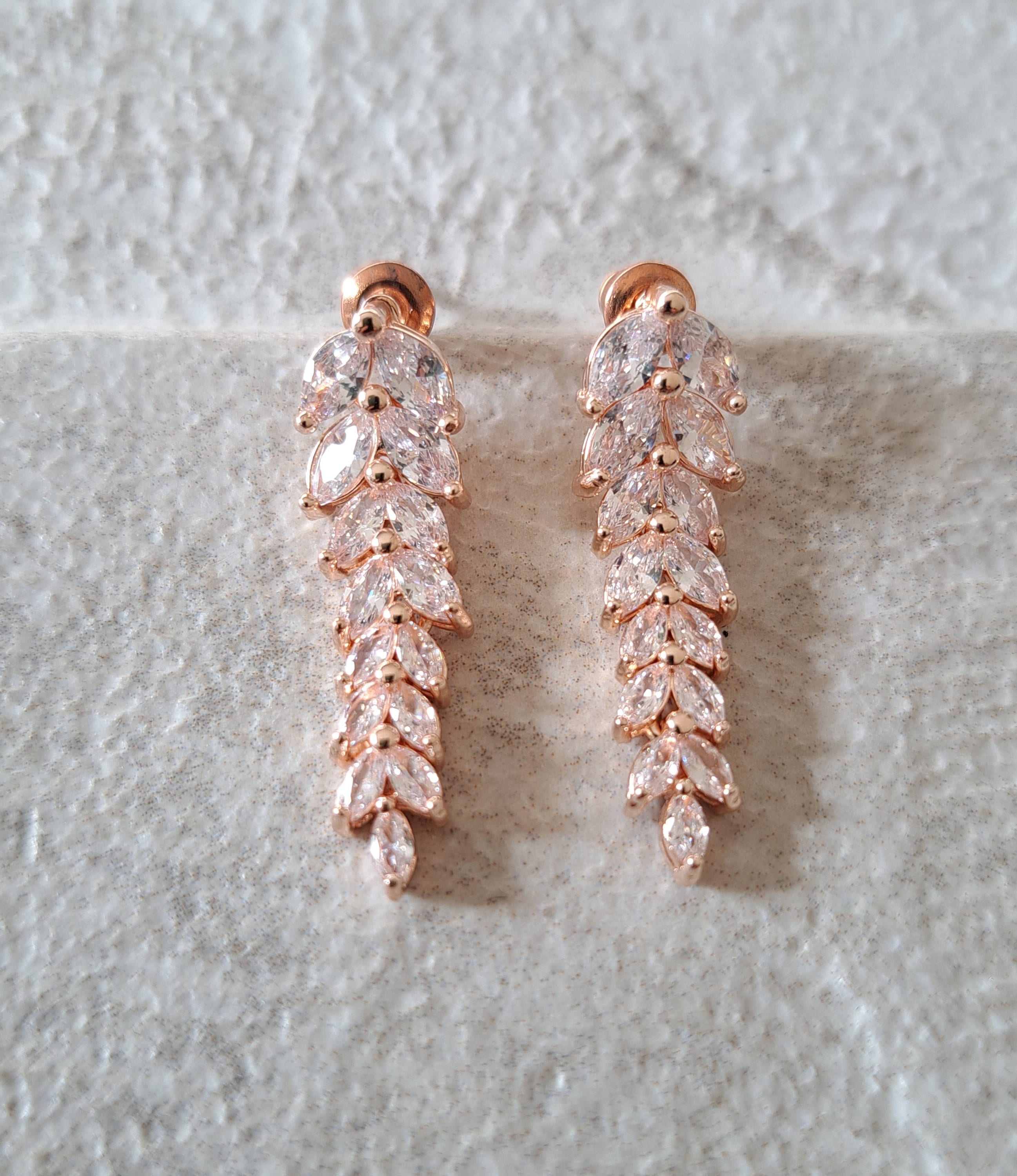 Rose Gold Swarovski Crystal Long Leaf Drop Earrings