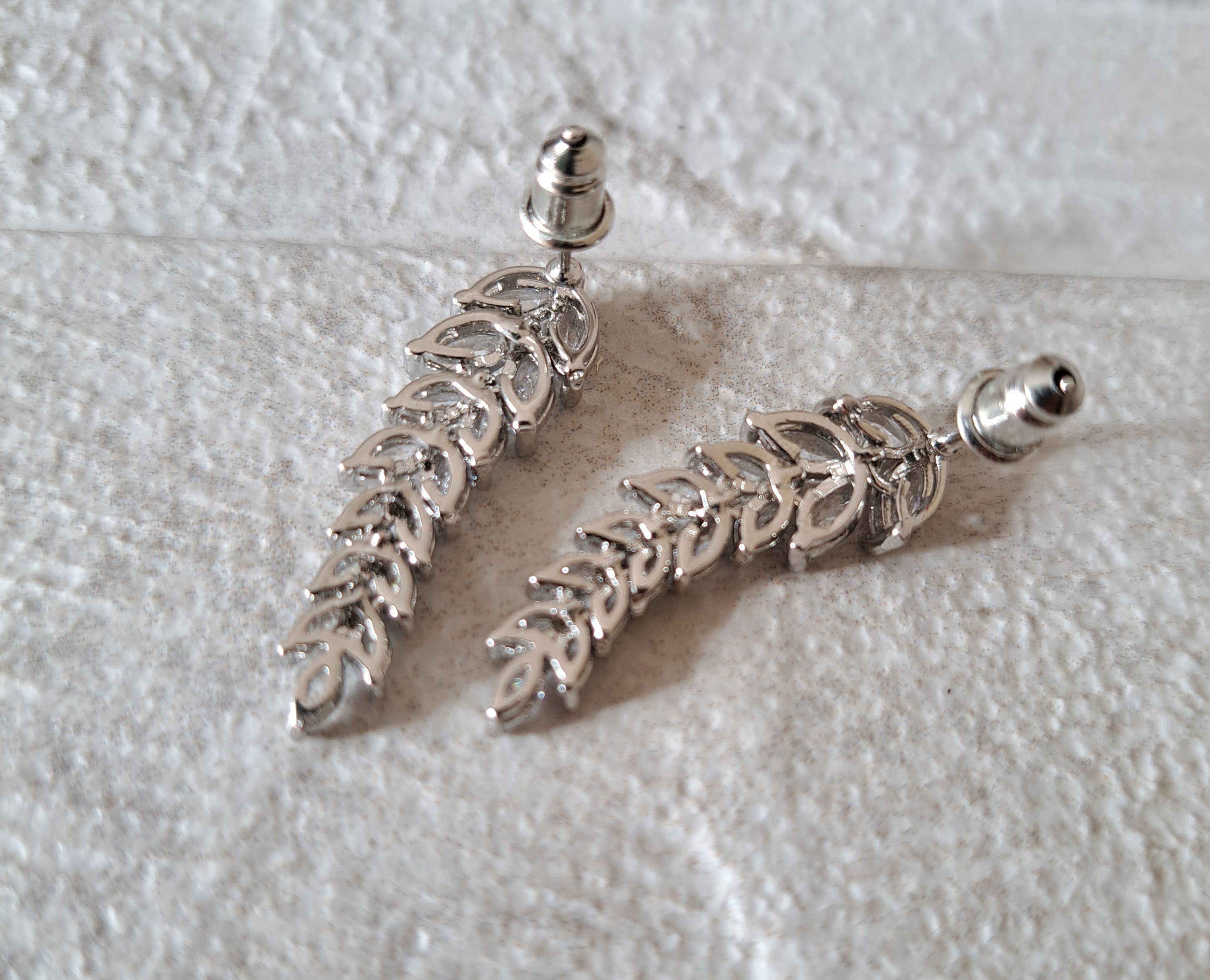Silver Swarovski Crystal Floral Leaf Dangle Drop Earrings
