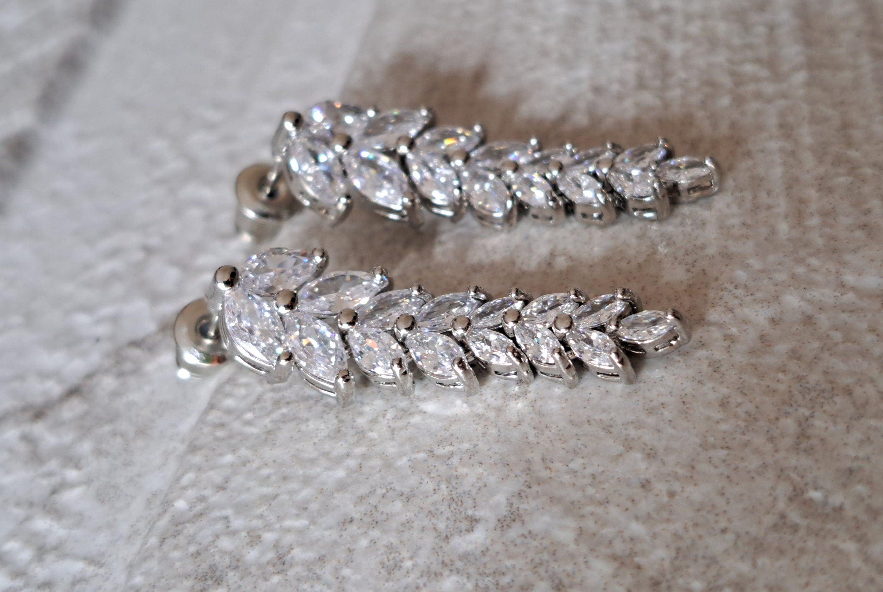 Silver Swarovski Crystal Floral Leaf Dangle Drop Earrings