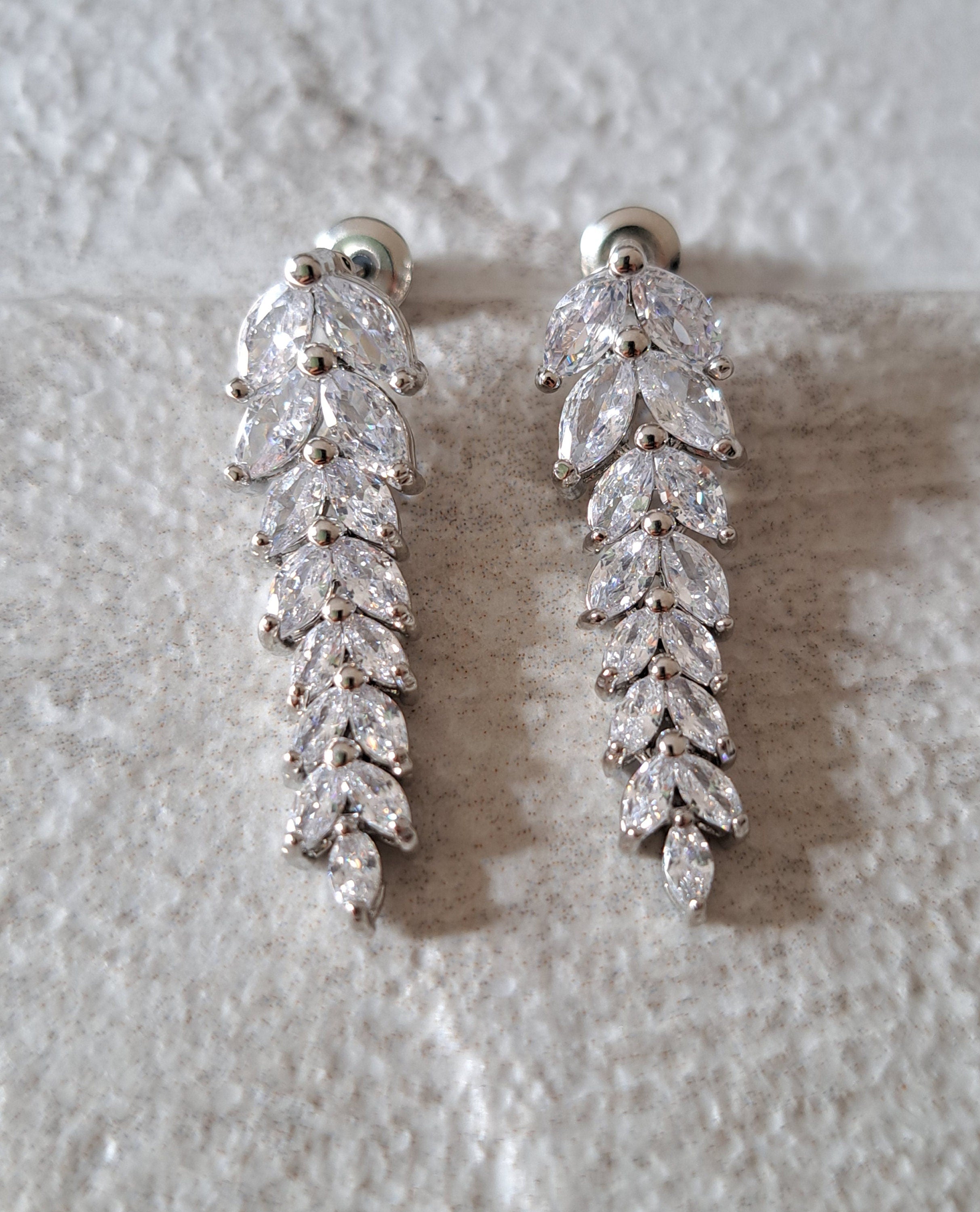 Silver Swarovski Crystal Floral Leaf Dangle Drop Earrings