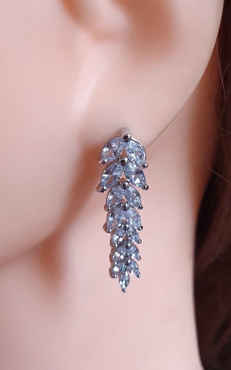 Silver Swarovski Crystal Floral Leaf Dangle Drop Earrings