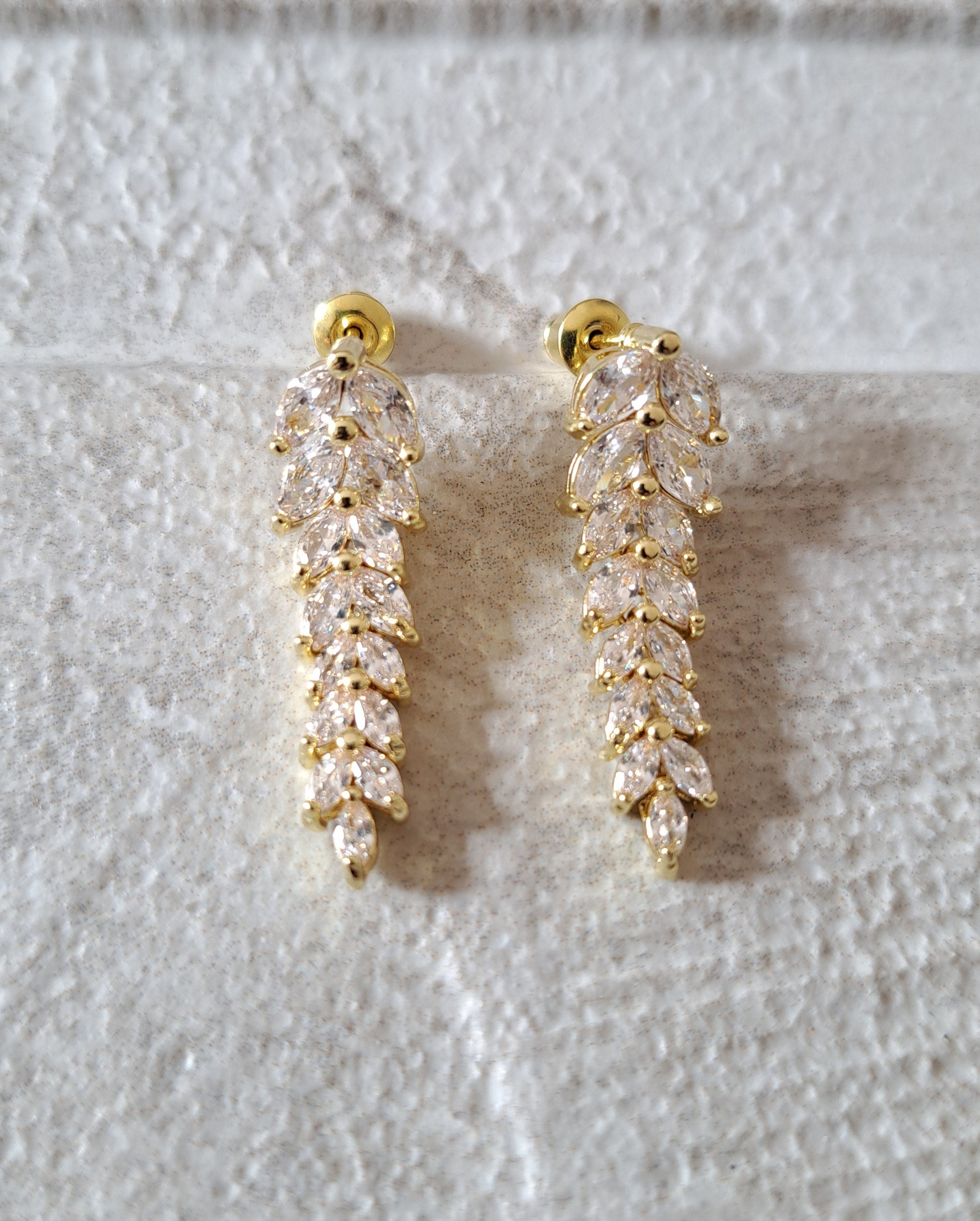 Gold Swarovski Crystal Floral Leaf Dangle Drop Earrings
