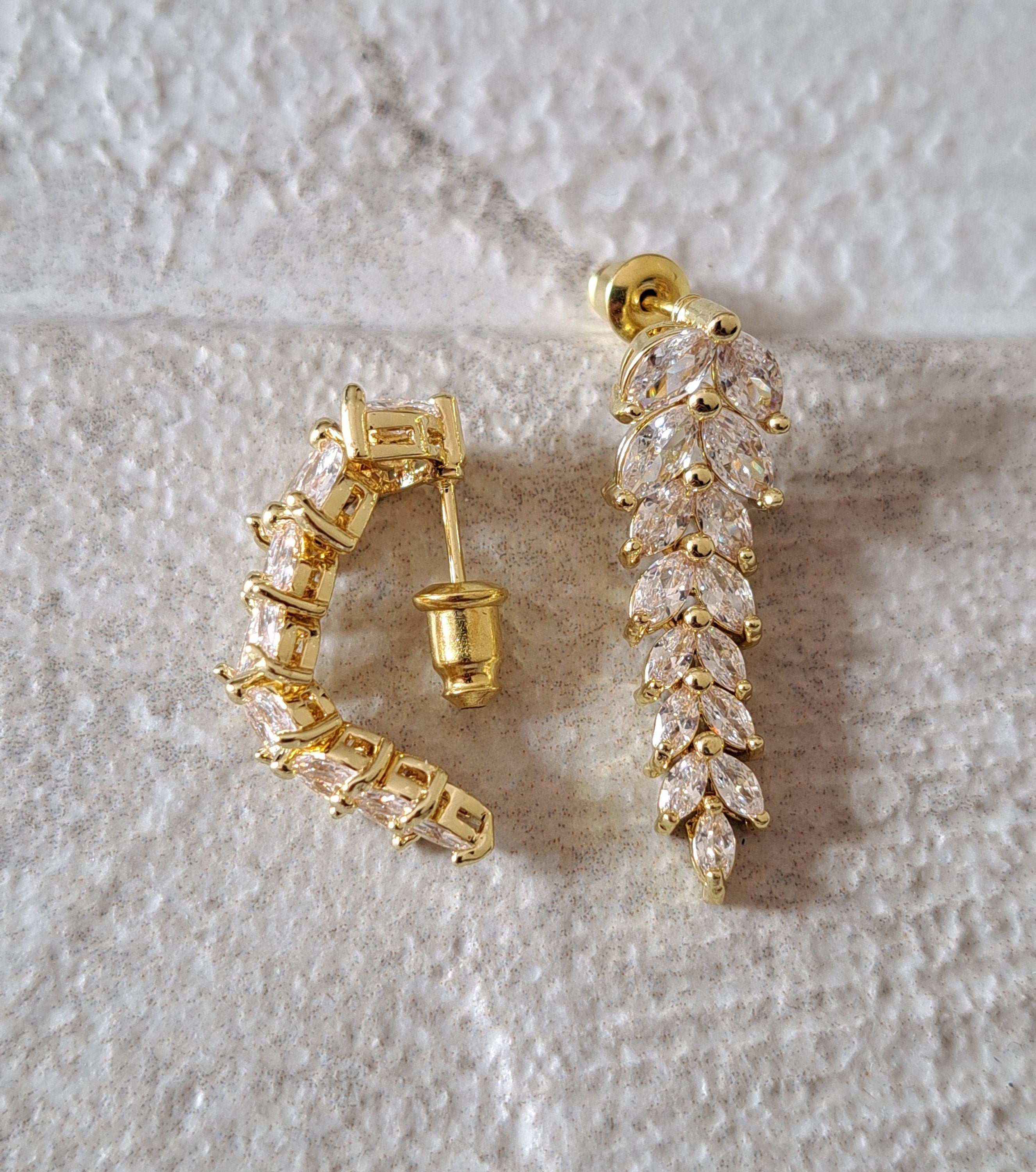 Gold Swarovski Crystal Floral Leaf Dangle Drop Earrings