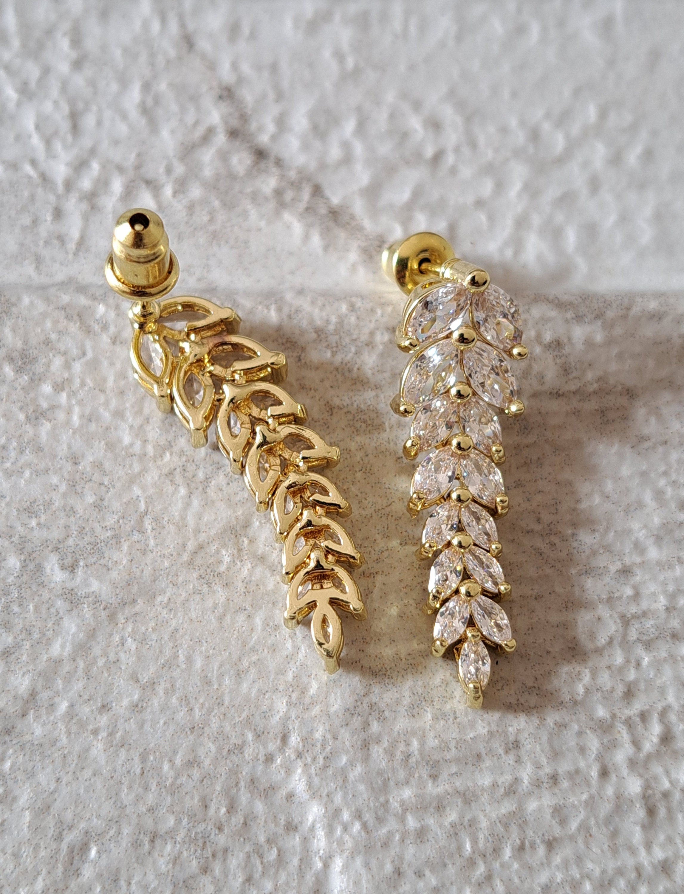 Gold Swarovski Crystal Floral Leaf Dangle Drop Earrings
