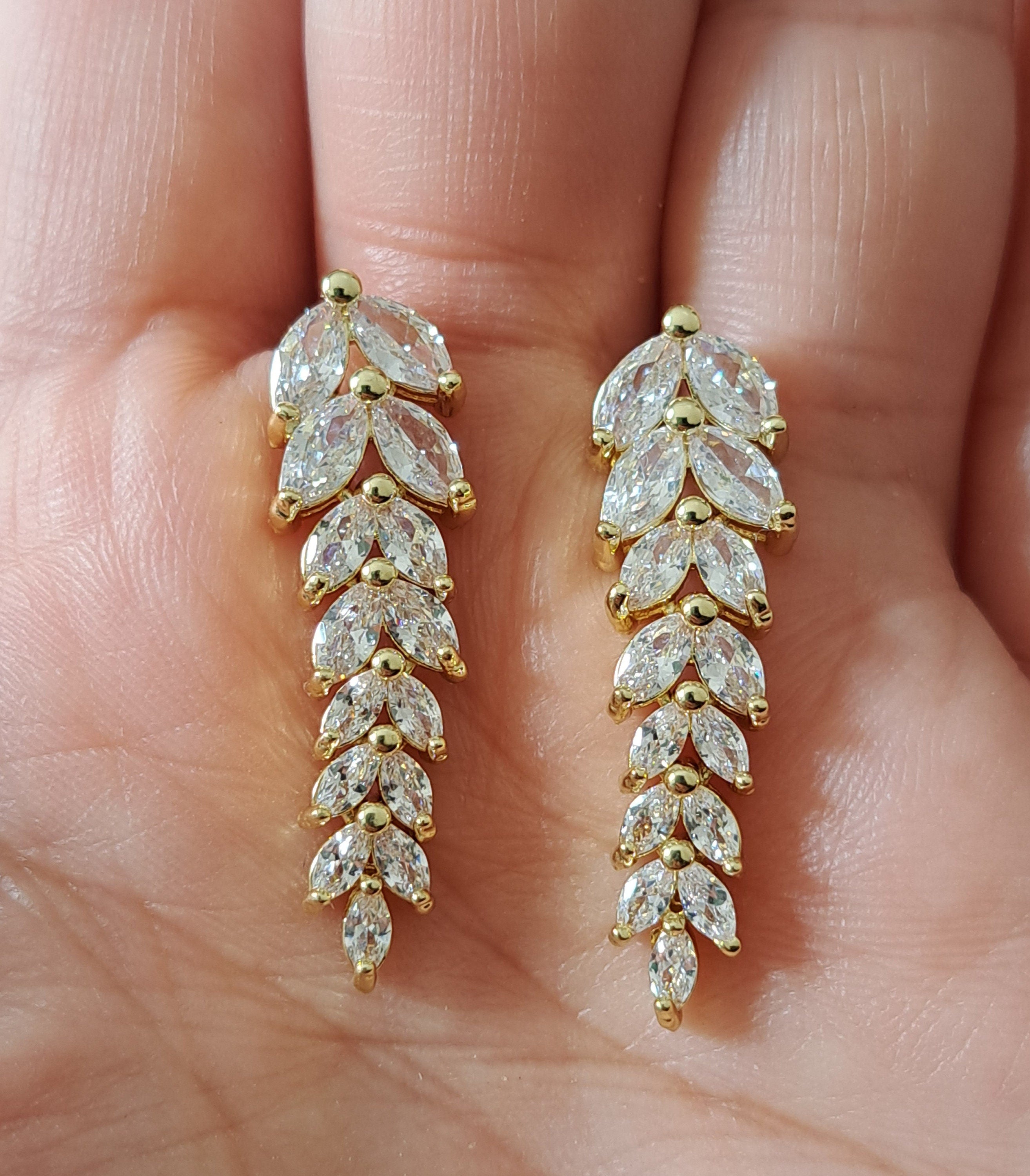 Gold Swarovski Crystal Floral Leaf Dangle Drop Earrings