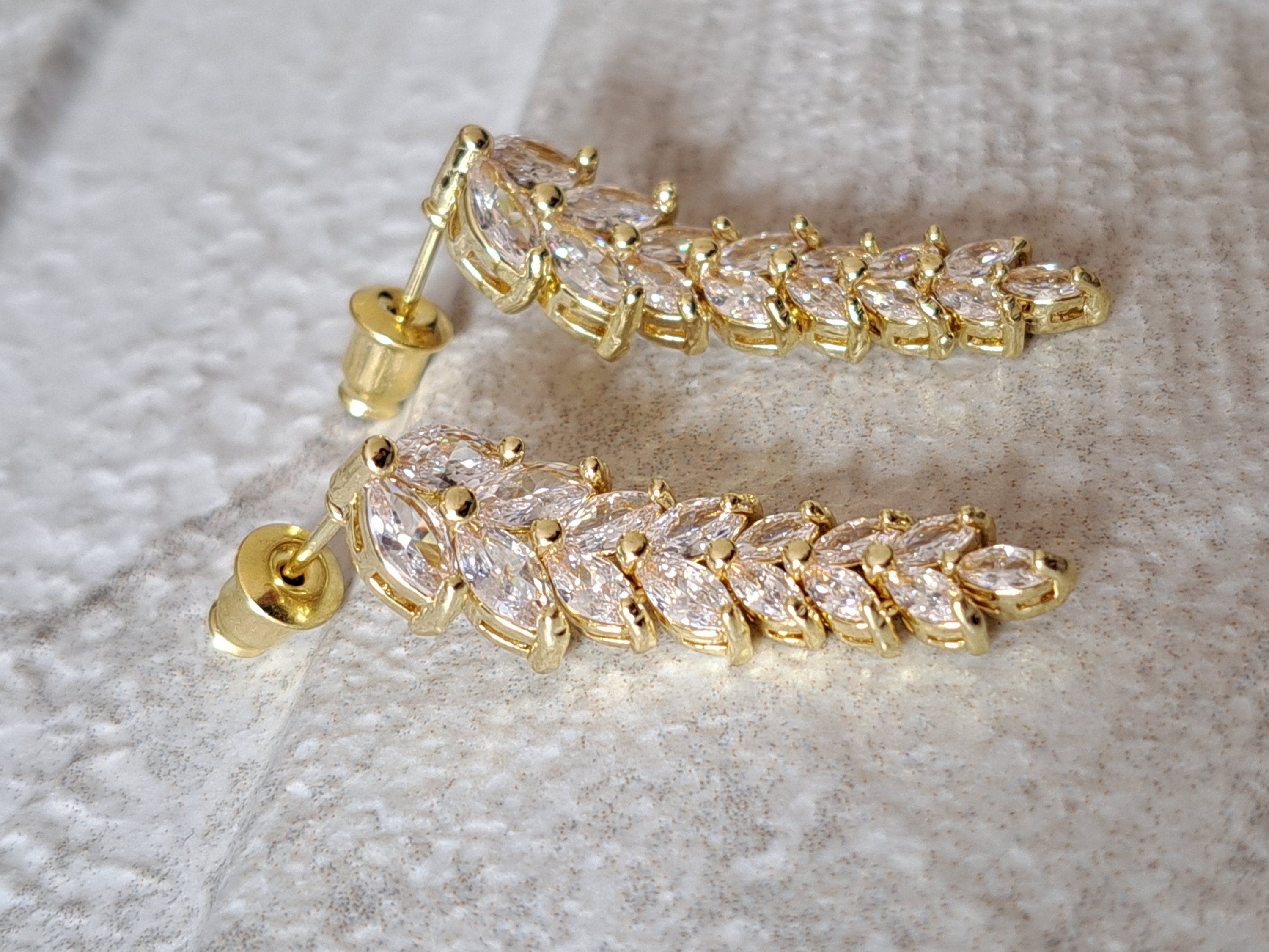 Gold Swarovski Crystal Floral Leaf Dangle Drop Earrings