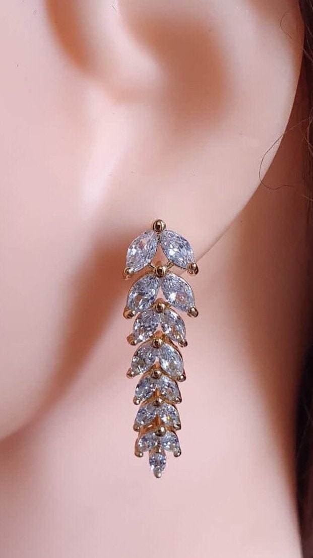 Gold Swarovski Crystal Floral Leaf Dangle Drop Earrings