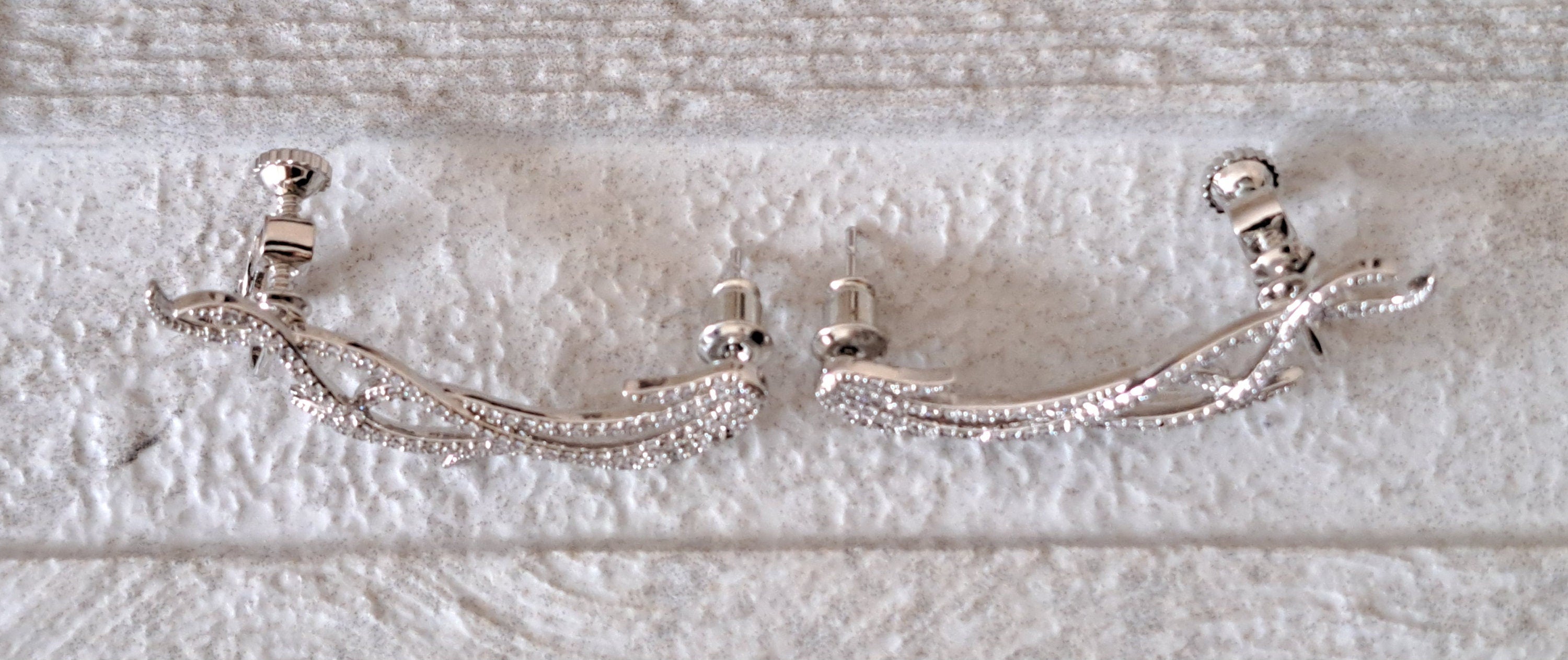 Large Leaf Silver Swarovski Crystal Feather Ear Cuff Earrings