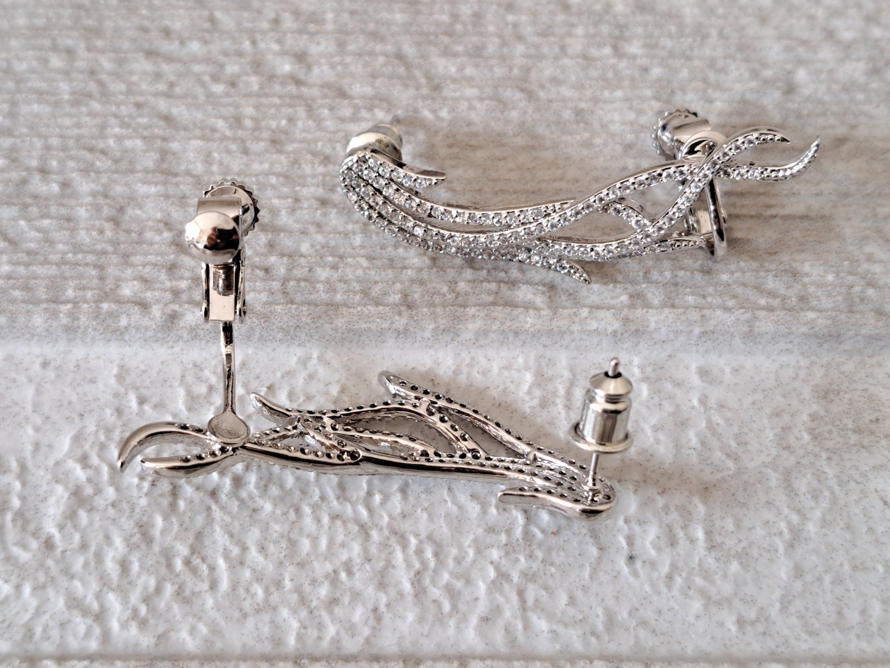 Large Leaf Silver Swarovski Crystal Feather Ear Cuff Earrings